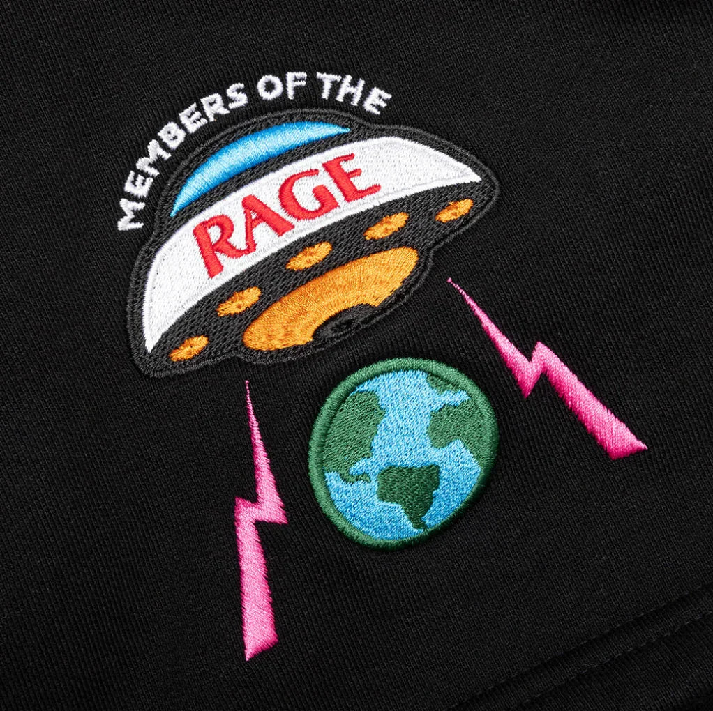 Embroidered patch on black fabric with UFO, earth, pink lightning and text 'MEMBERS OF THE RAGE'