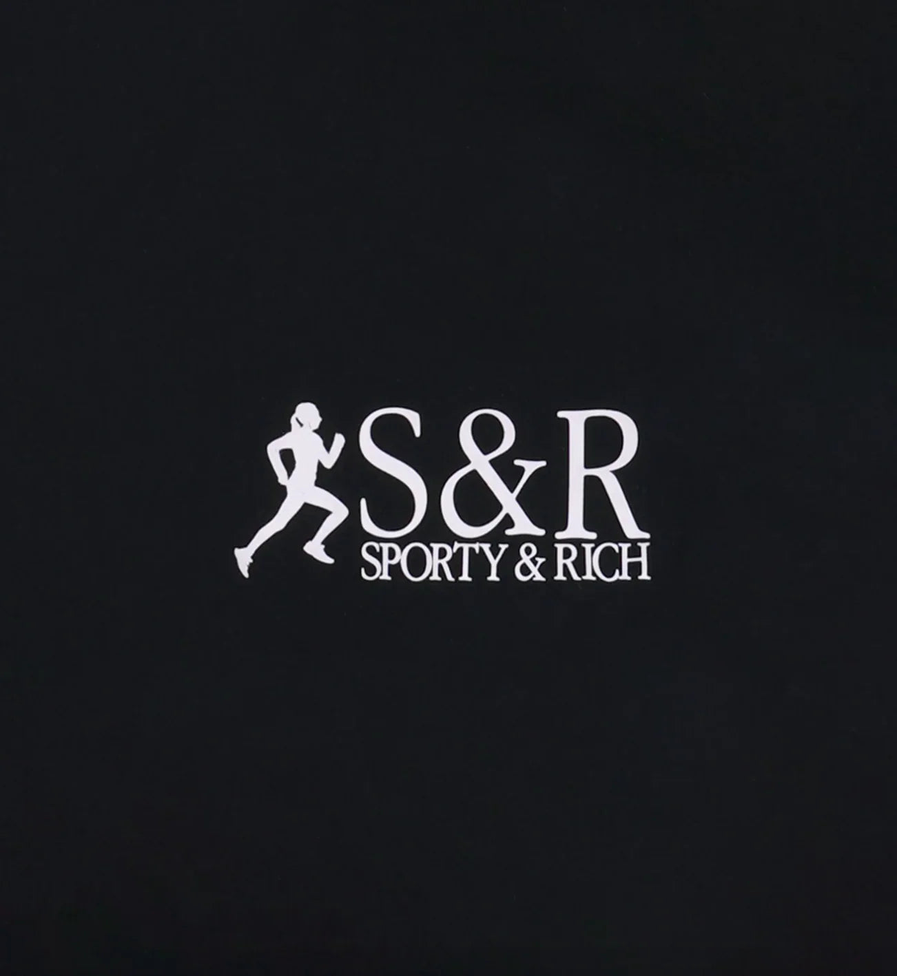 Black background with white Sporty & Rich S&R logo featuring running woman silhouette