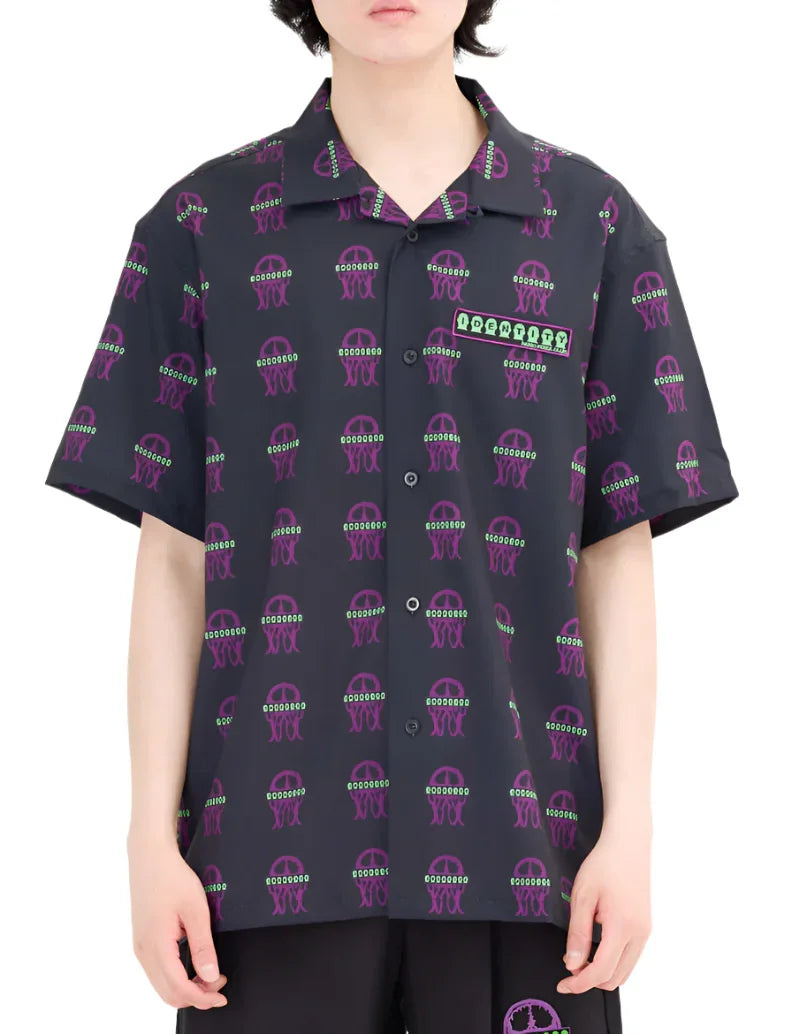 Black short-sleeve button-up shirt with purple and green jellyfish pattern and identity patch
