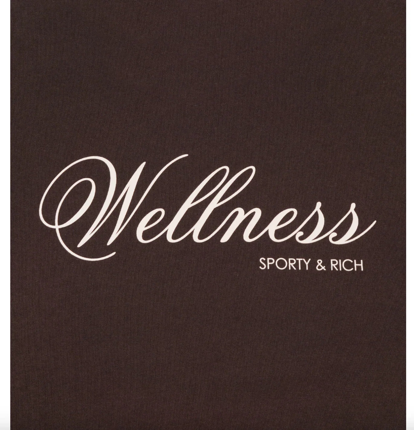 Brown fabric with white cursive text 'Wellness' and small print 'Sporty & Rich' logo