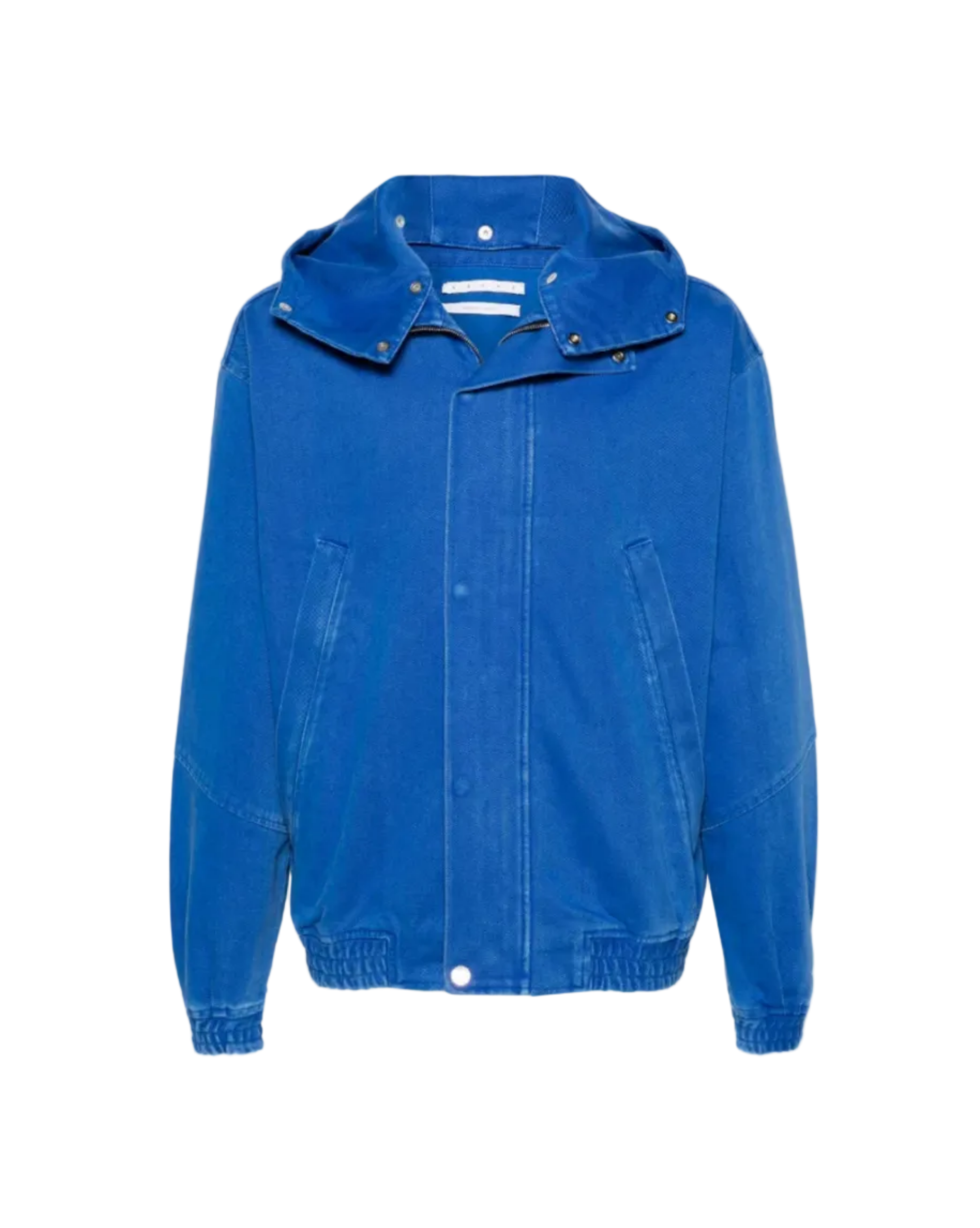 Men's blue hooded jacket with zipper and snap button closure, side pockets, and elastic cuffs