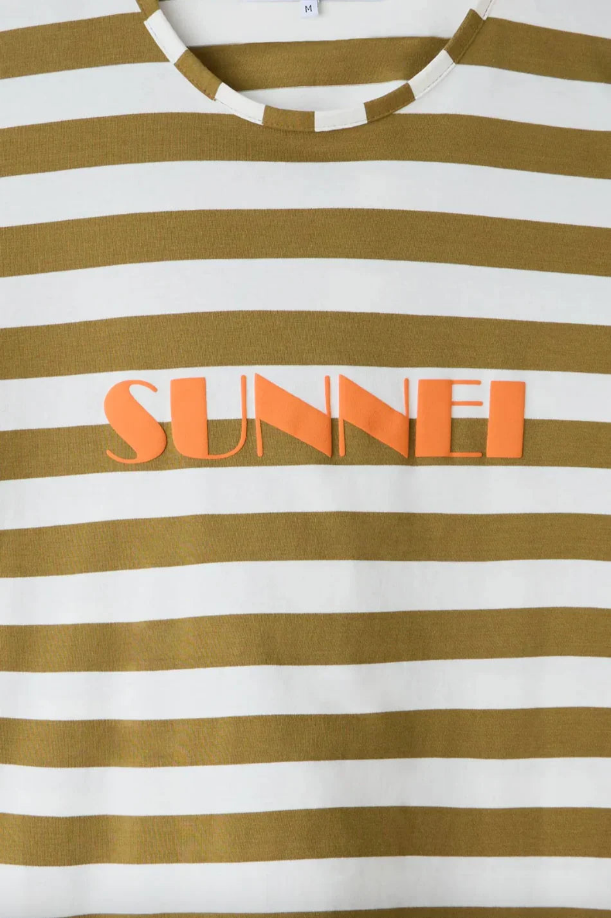 Striped brown and white t-shirt with orange SUNNEI logo printed on front and round neckline