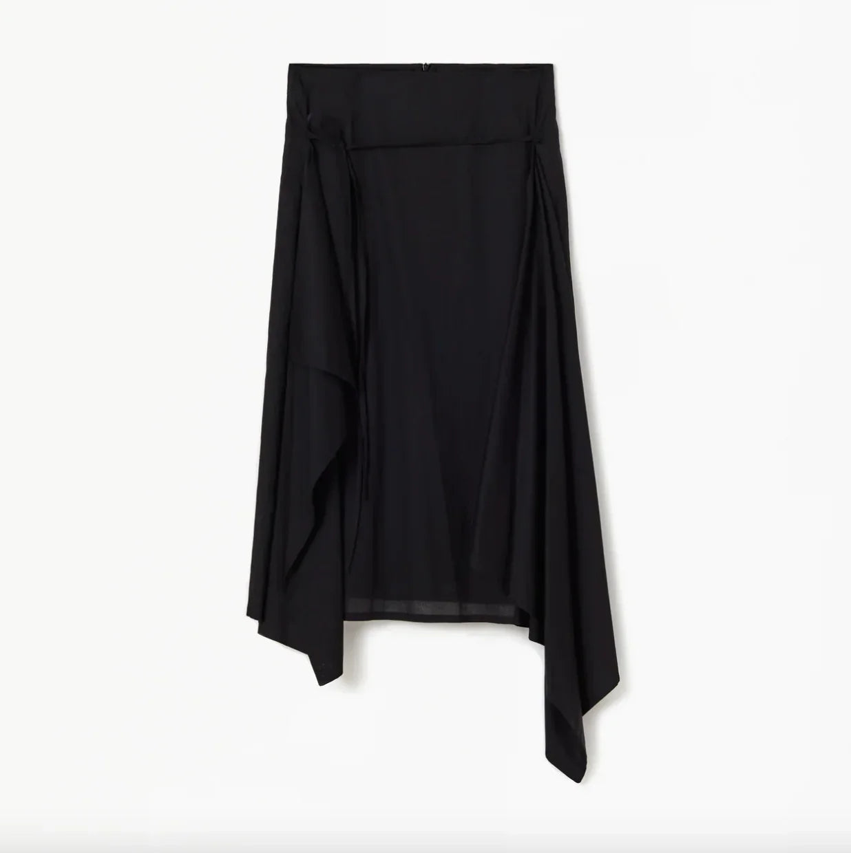 Asymmetrical black midi skirt with draped fabric detail on white background