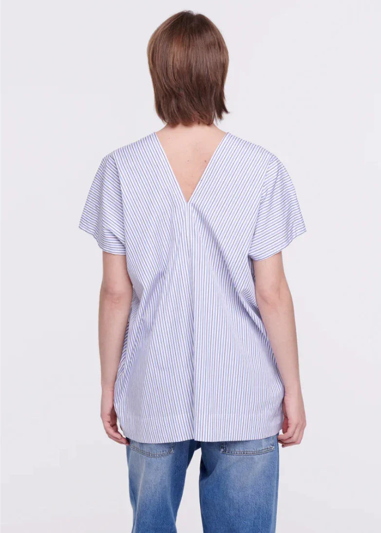 Back view of person wearing blue and white vertical striped short sleeve V-neck top and blue jeans