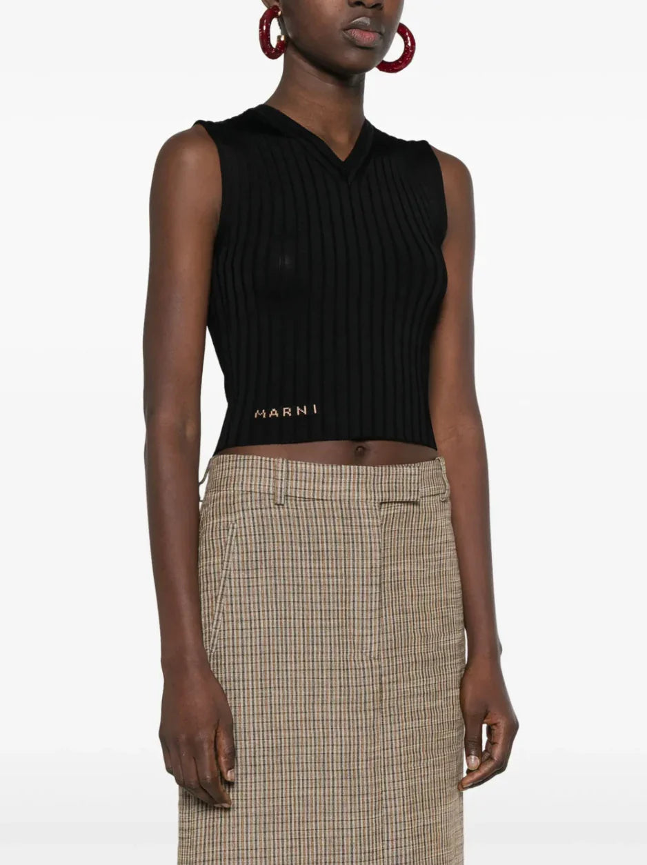 Close-up of woman wearing black ribbed sleeveless cropped top and beige plaid skirt
