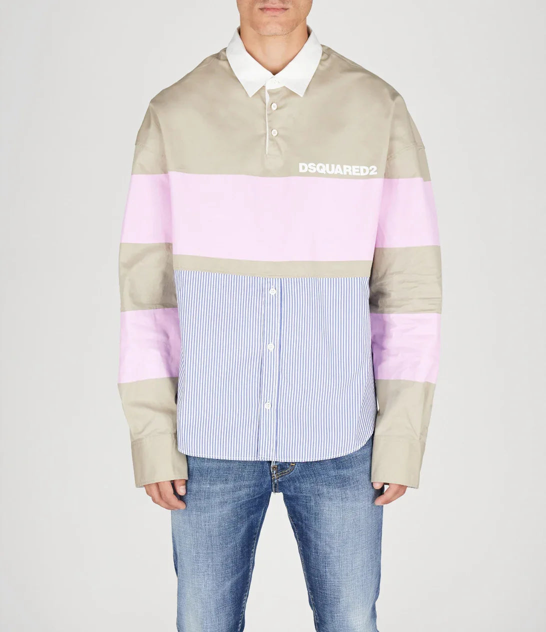 Men's DSQUARED2 long-sleeve polo shirt with beige, pink stripe, and blue striped patterns