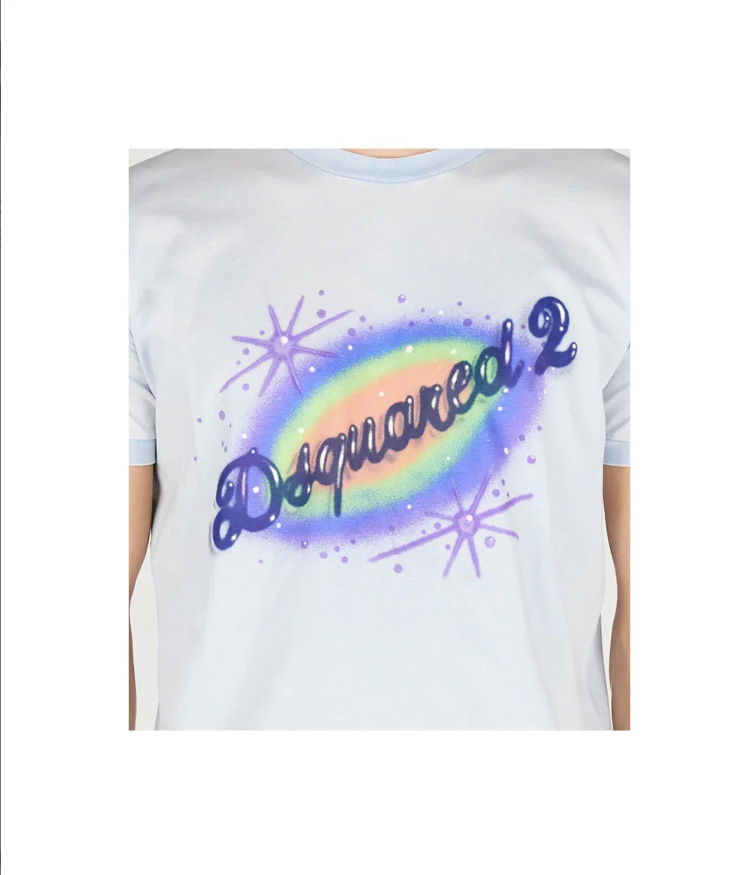 White t-shirt with blue collar and cuffs featuring colorful Dsquared2 logo and star graphics