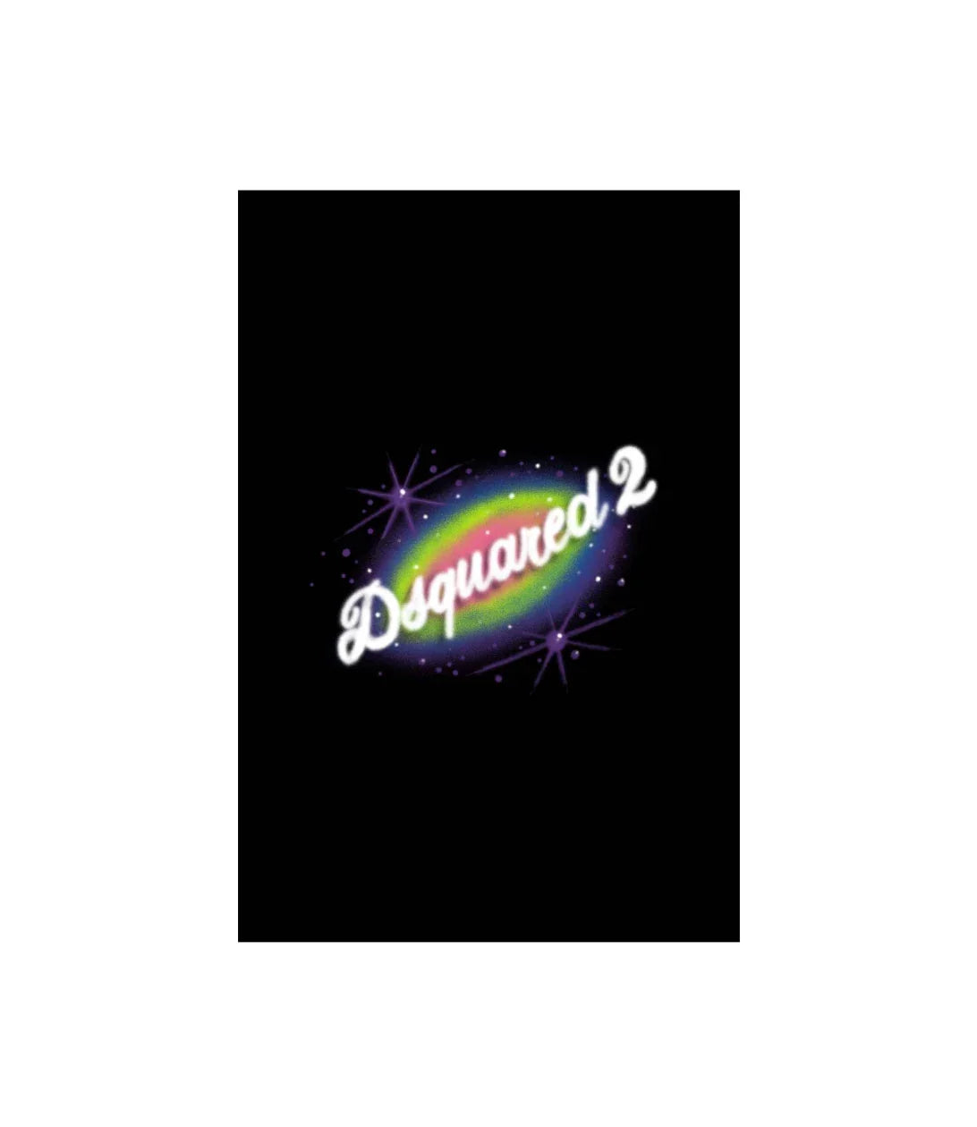 Dsquared2 logo in white cursive over rainbow galaxy background with stars on black