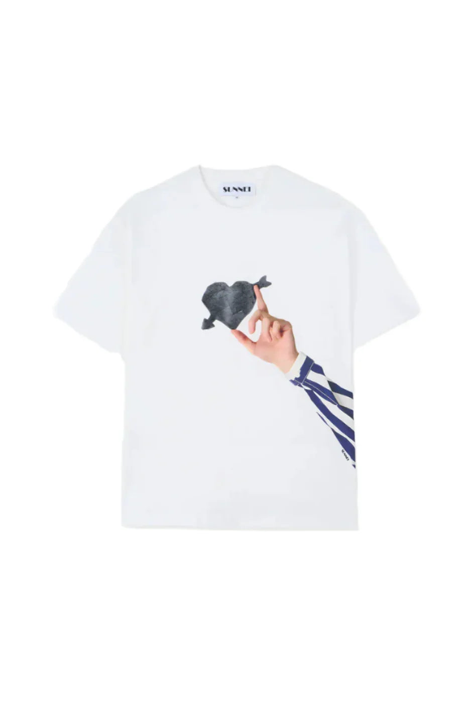White T-shirt with graphic of hand holding a black heart pierced by an arrow, striped sleeve detail