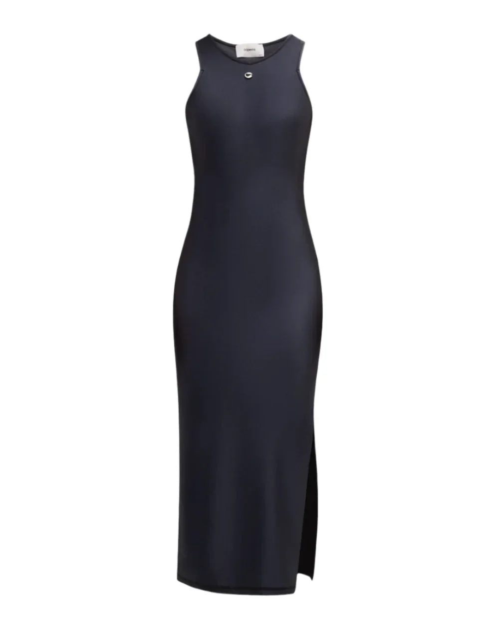 Black sleeveless midi dress with round neckline and side slit on white background