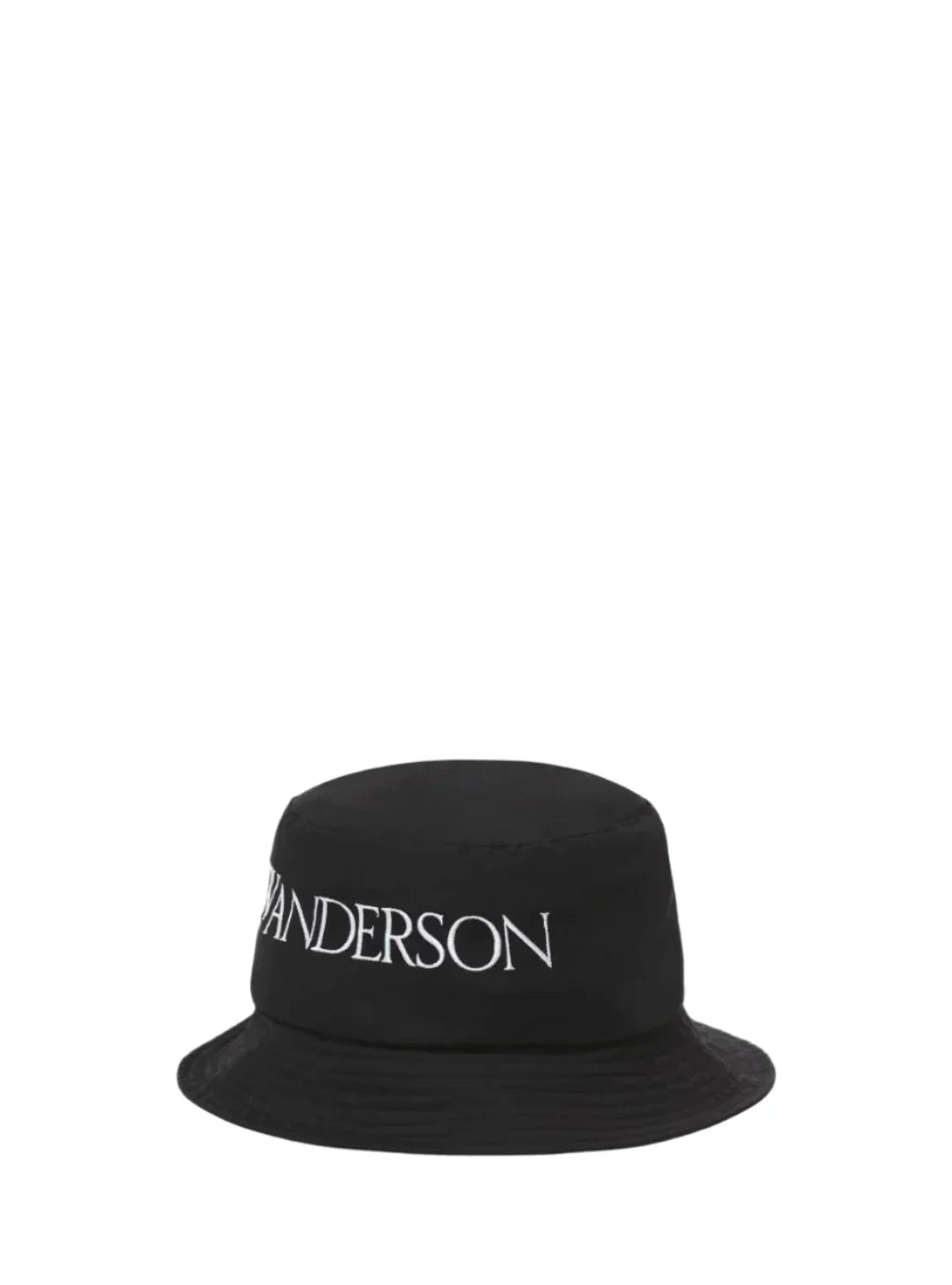 Black bucket hat with white WANDERSON text embroidery, minimalist fashion accessory