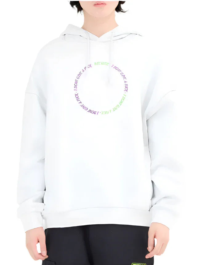 White hoodie with colorful circular text design saying "I DON'T GIVE A F***" worn by person