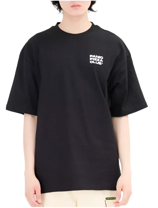 Model wearing black oversized T-shirt with white Panco Pizza Club logo on chest