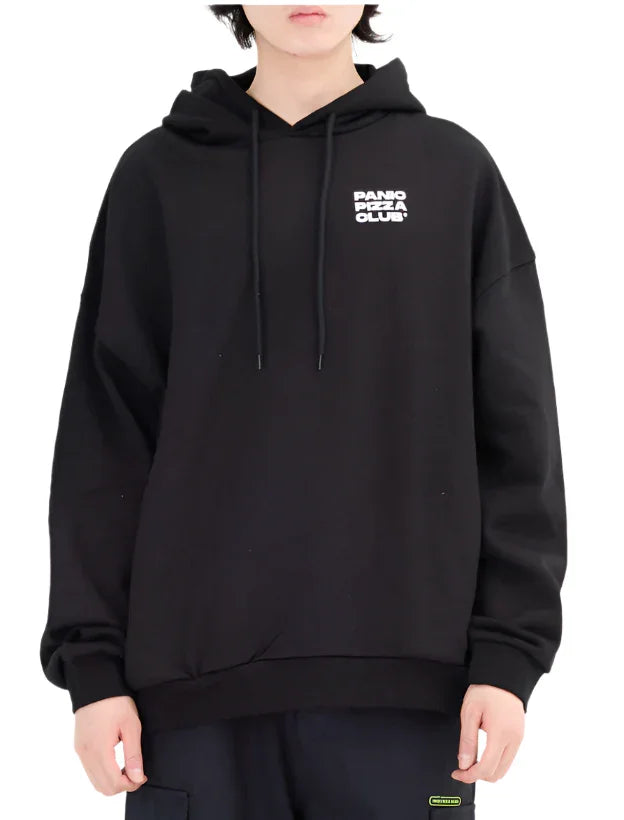 Person wearing black Panno Pizza Club hoodie with white logo and black pants