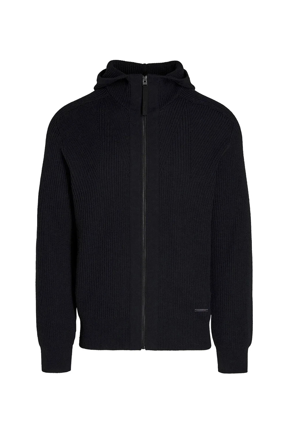 Black seamless 3D knit jacket with full zipper and hood, ribbed texture, long sleeves
