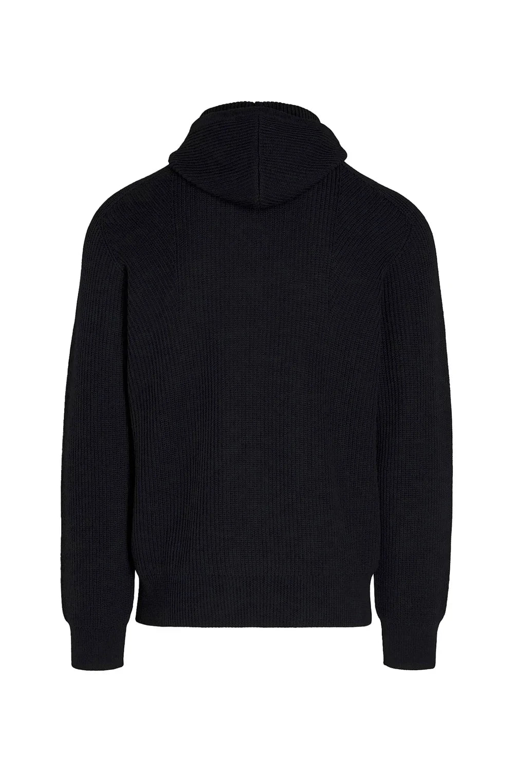Back view of black seamless knit jacket with hood and long sleeves