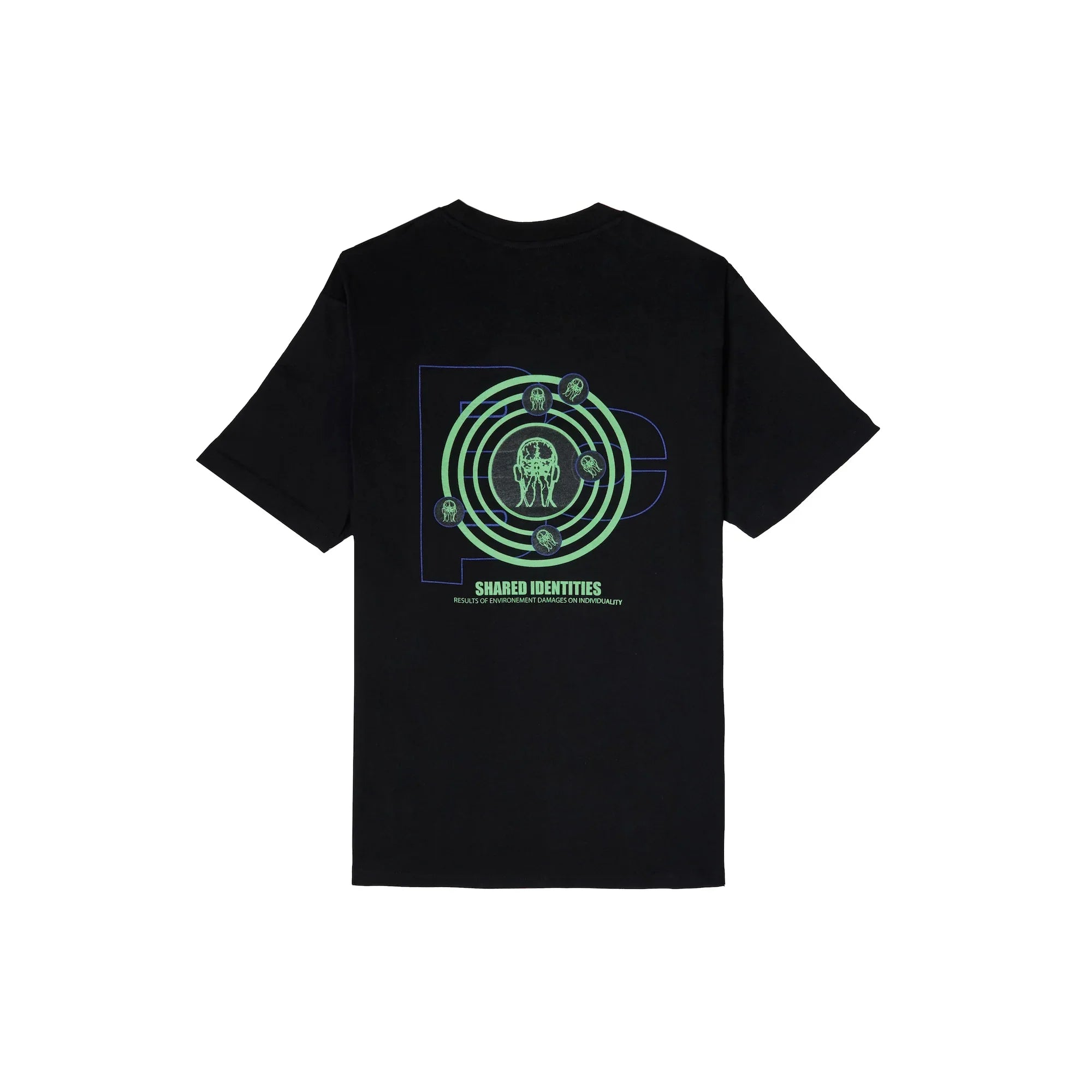 Black t-shirt with green and blue circular graphic and jellyfish design, text 'Shared Identities'