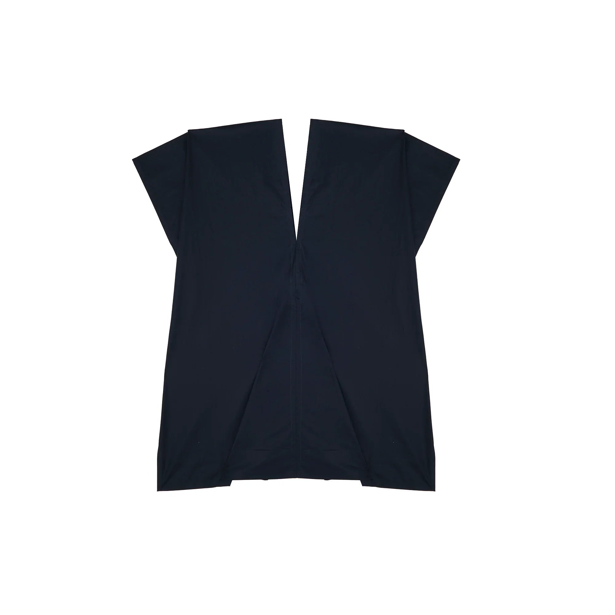 Back view of black oversized square-cut tunic with short wide sleeves