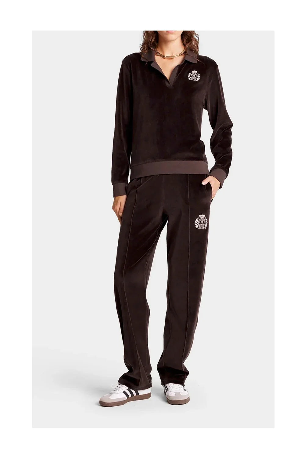SPORTY & RICH NY Crest Long Sleeve Velour Polo Chocolate-3