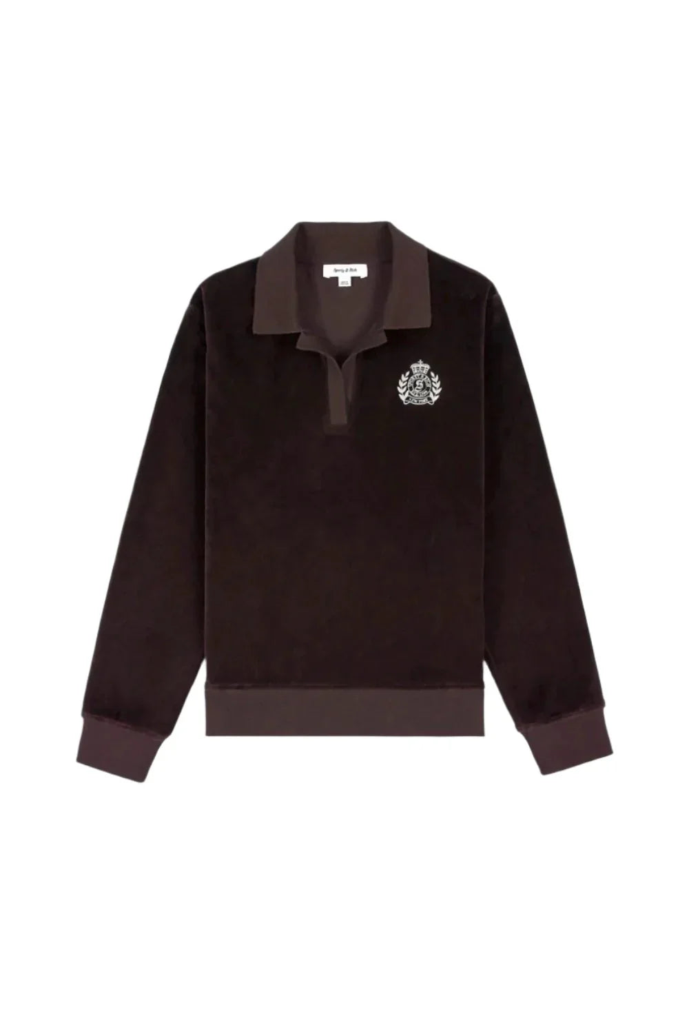 SPORTY & RICH NY Crest Long Sleeve Velour Polo Chocolate