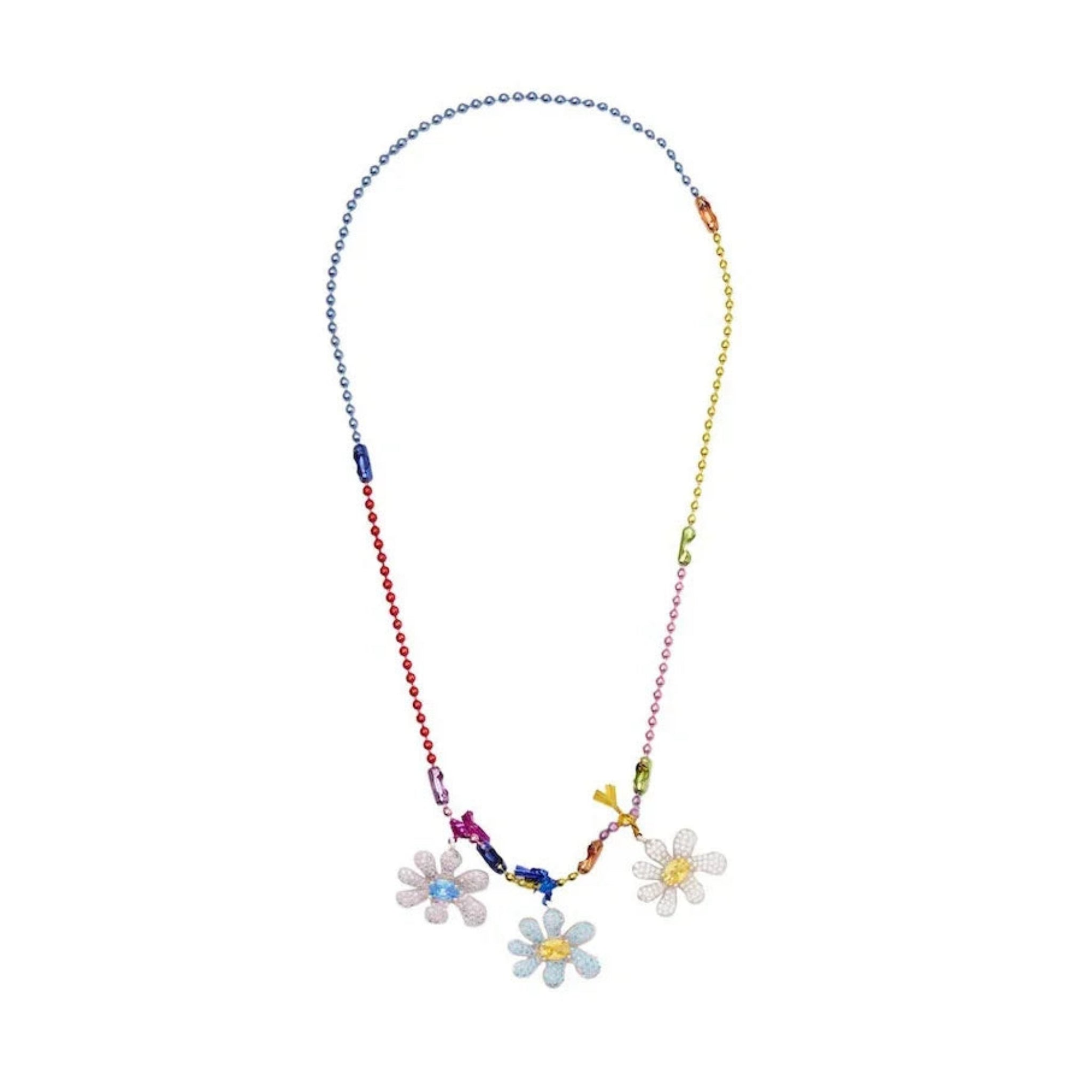 Colorful beaded necklace with three daisy flower charms on white background