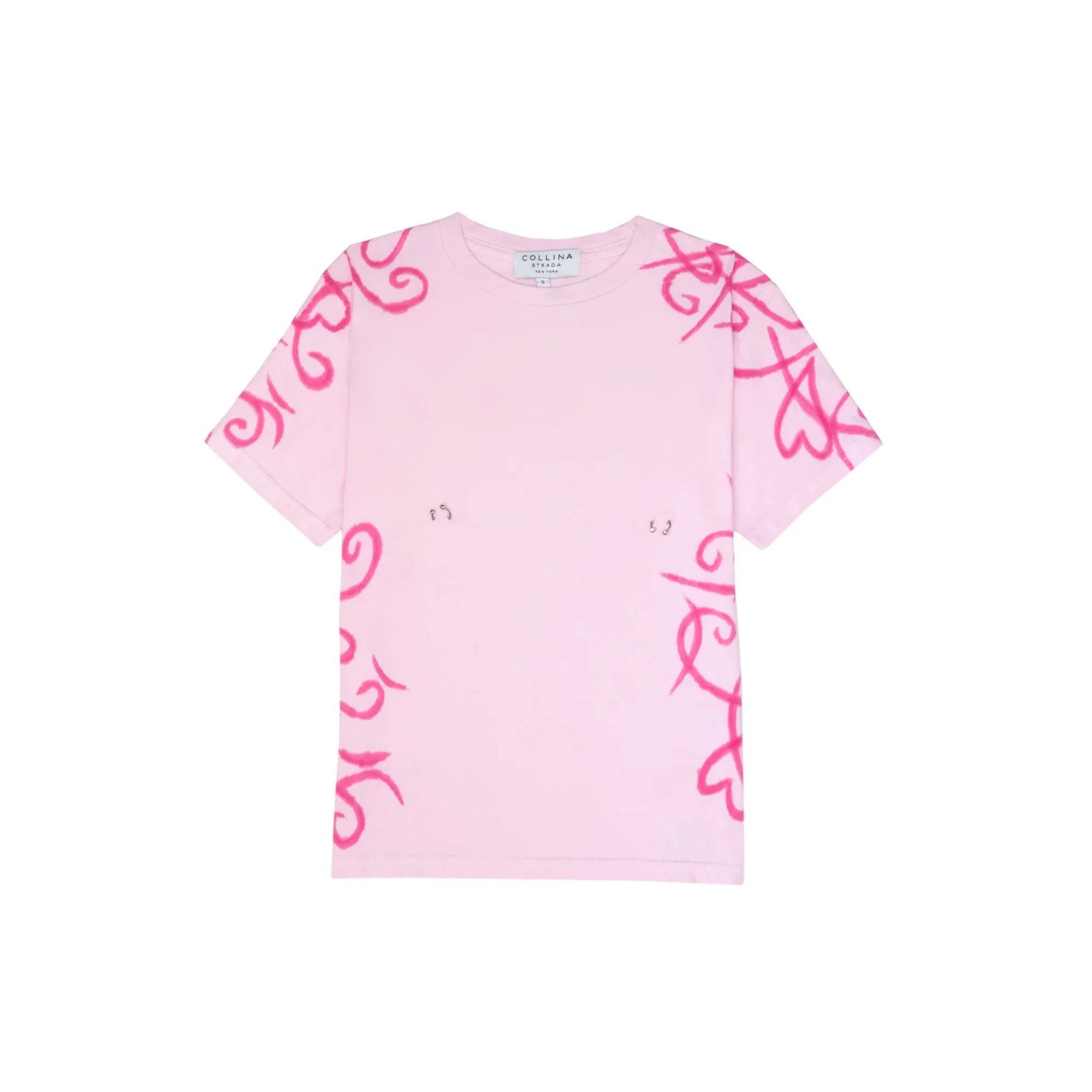 Light pink short-sleeve T-shirt with bright pink abstract swirl and heart designs, metal nipple piercings