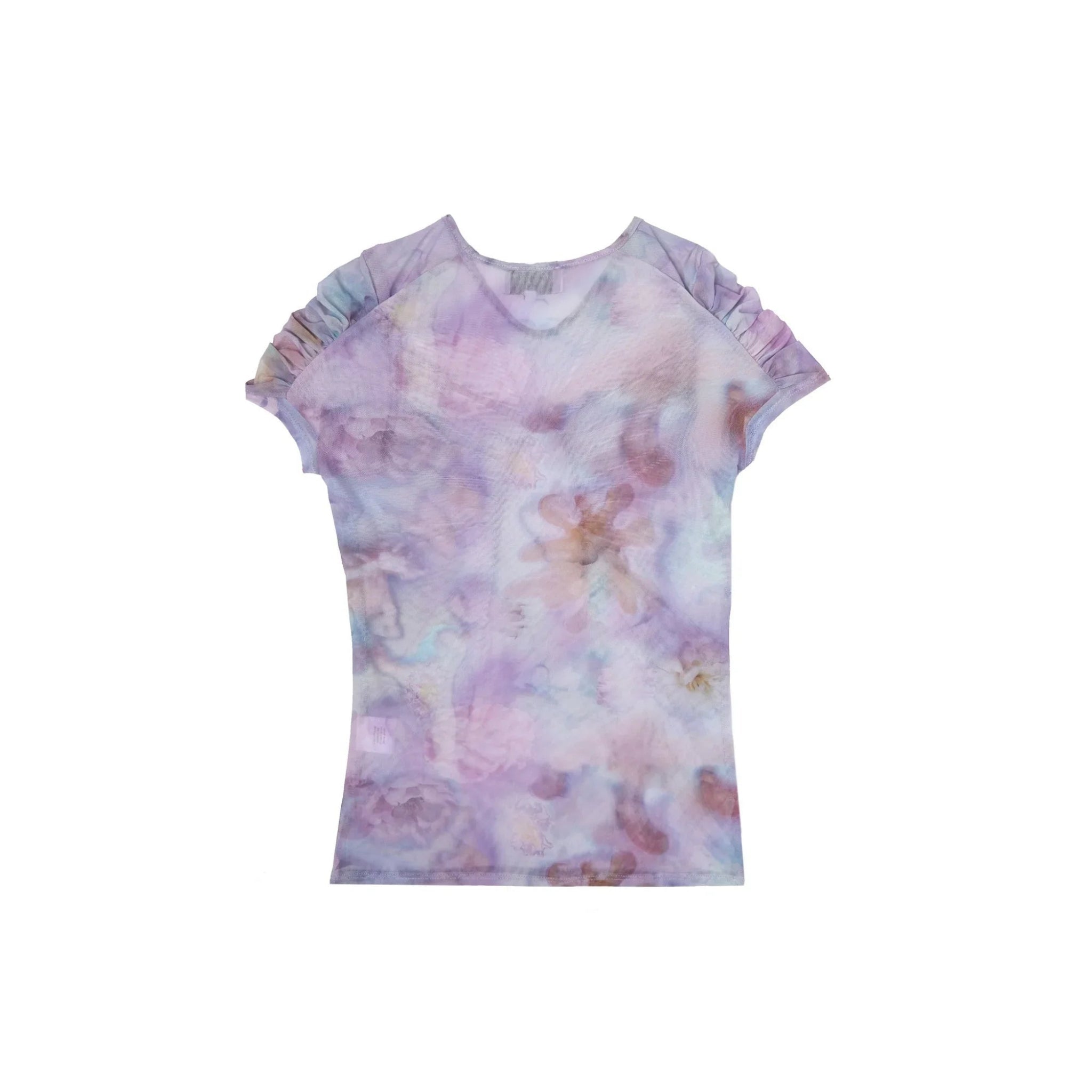 Women's short-sleeve pastel tie-dye t-shirt with gathered puff sleeves and abstract floral pattern