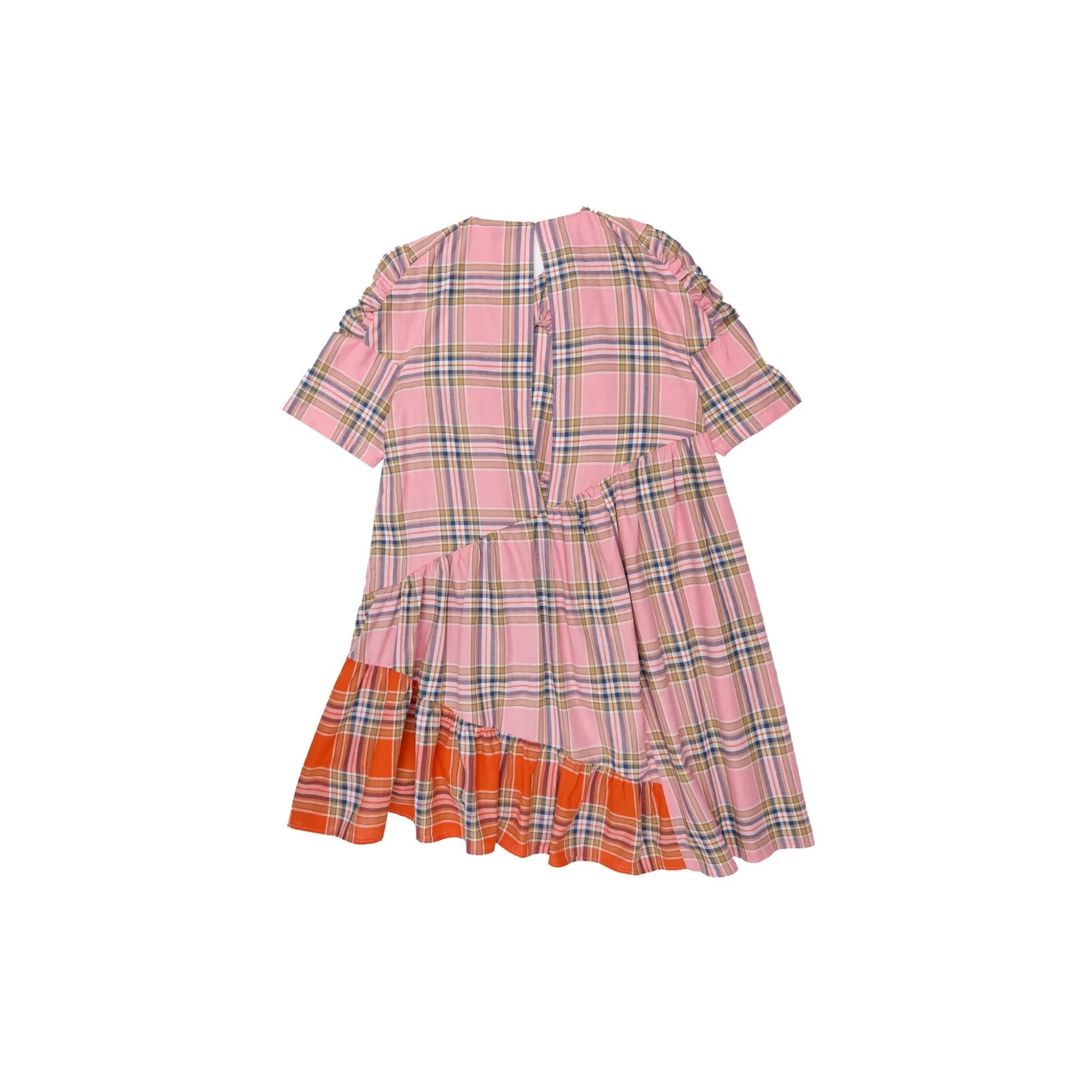 Pink plaid short-sleeve dress with ruffle hem and orange detail on white background
