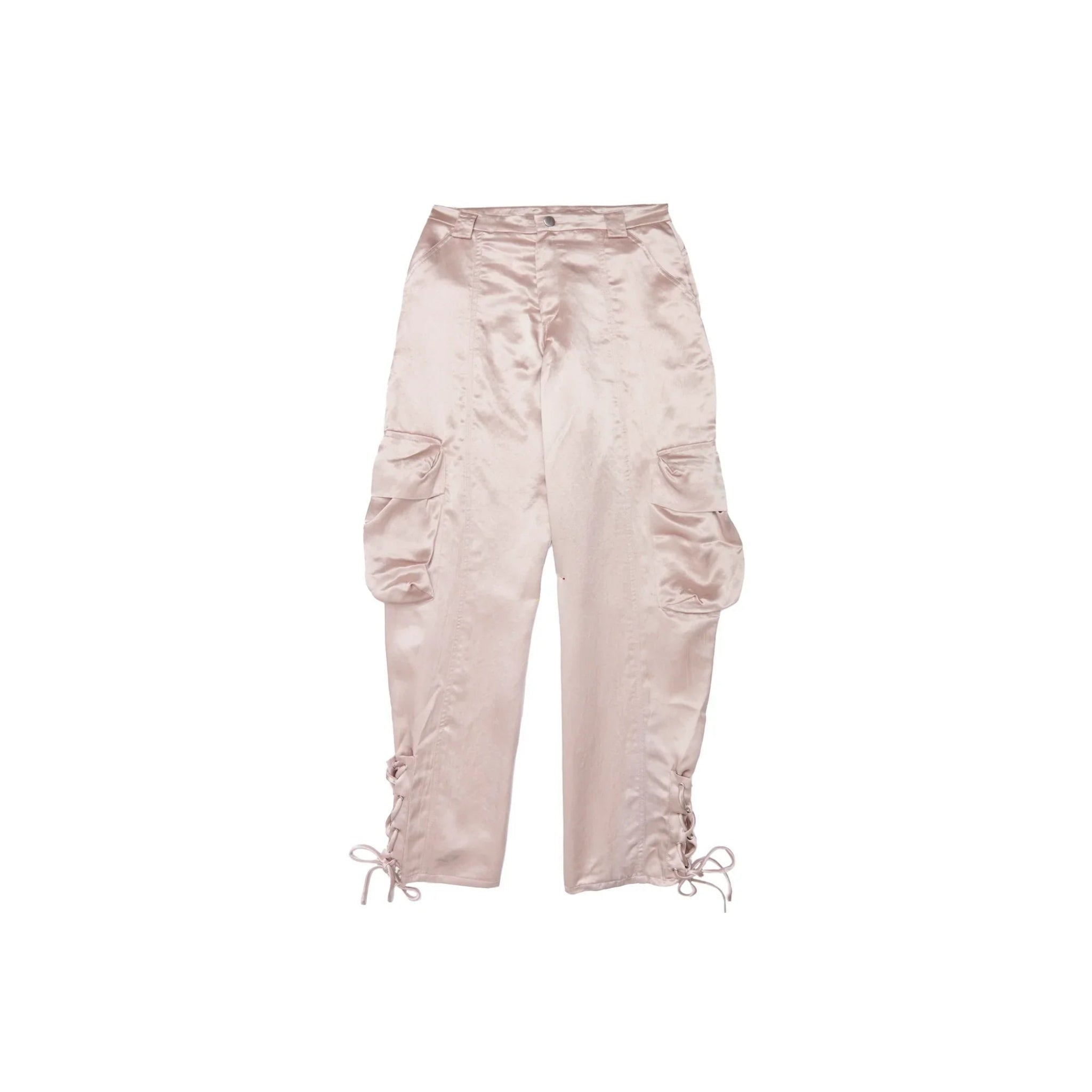 Light pink satin cargo pants with side pockets and lace-up details at hem