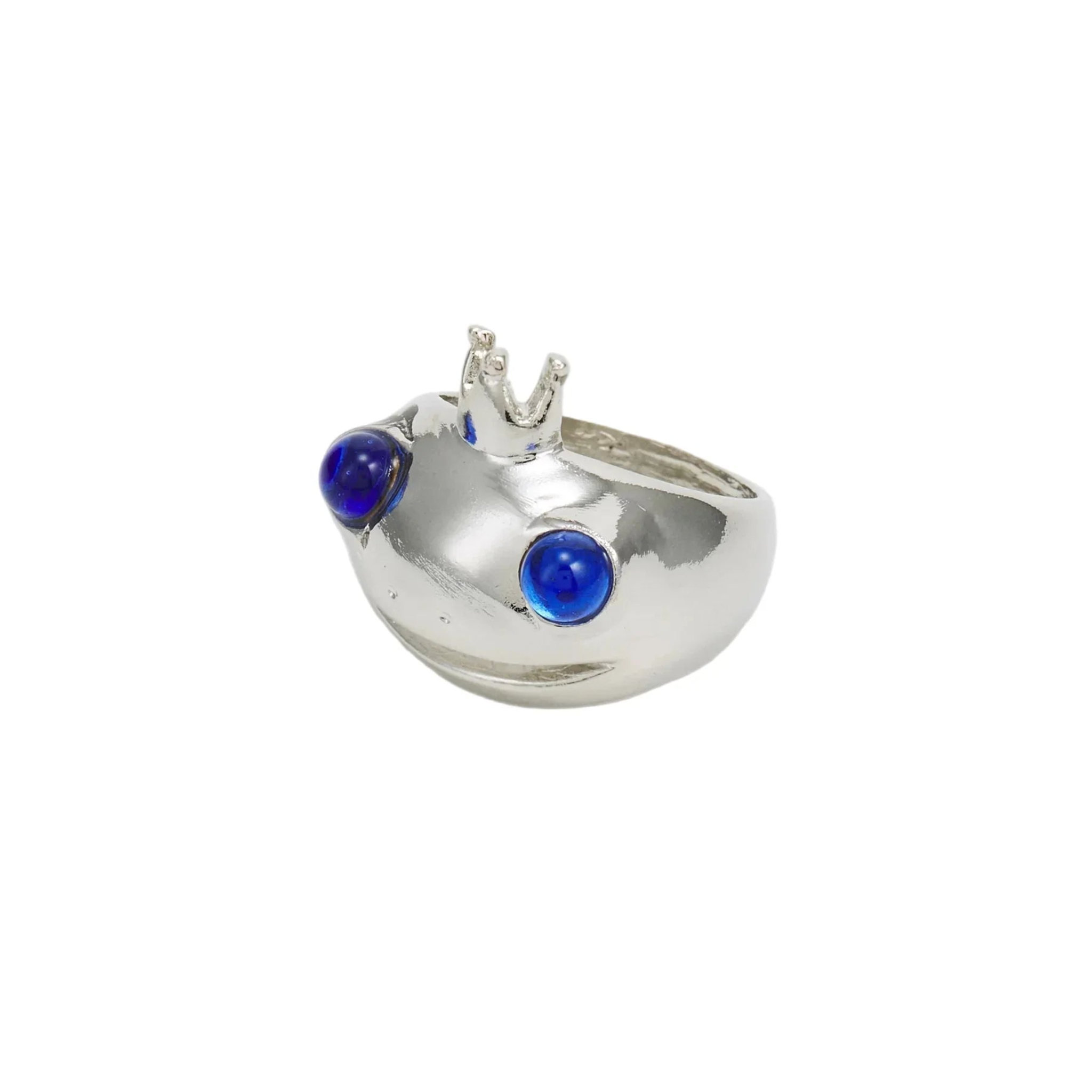 Silver frog-shaped ring with blue eyes and a small crown design