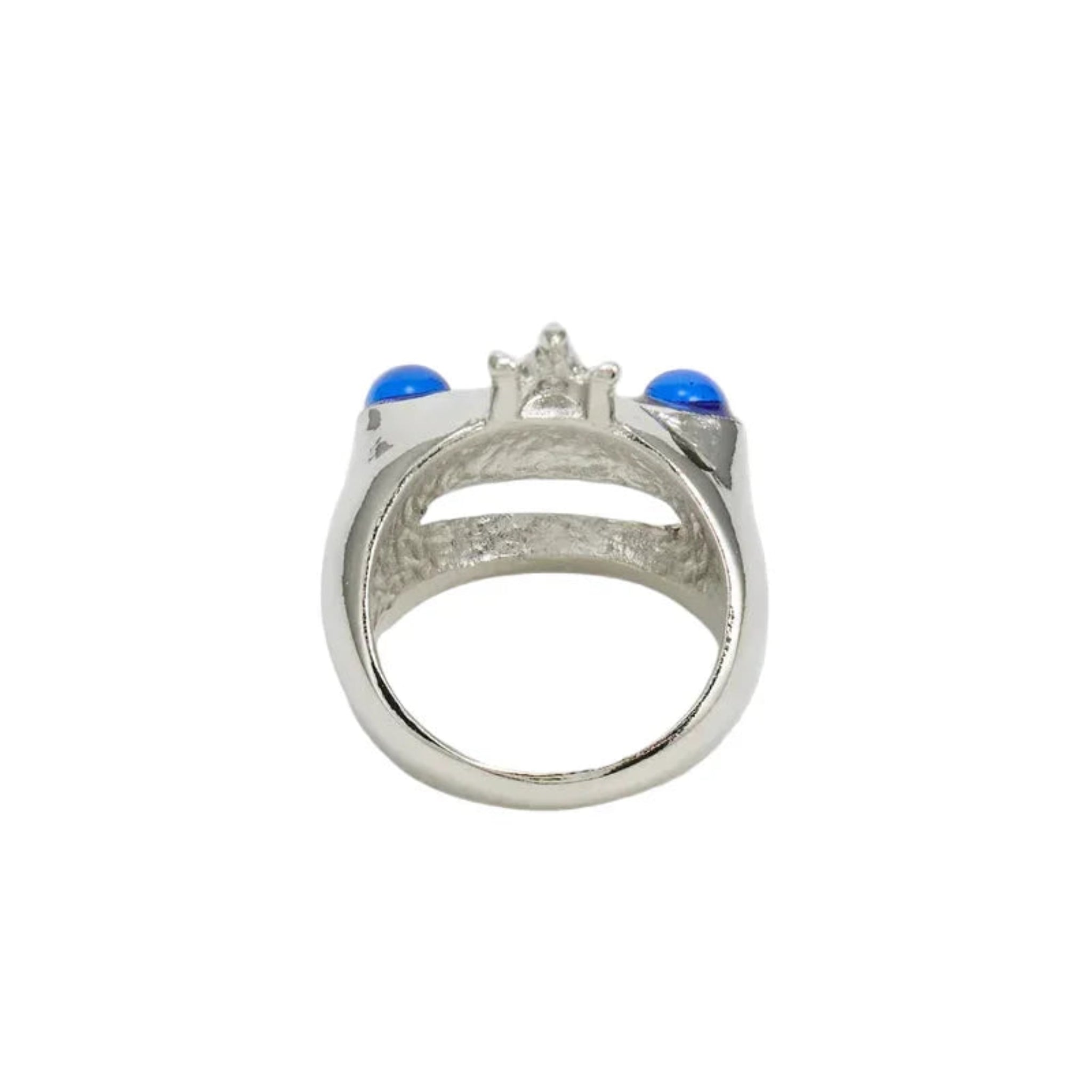Silver ring with two small blue stones and crown-shaped detail on top