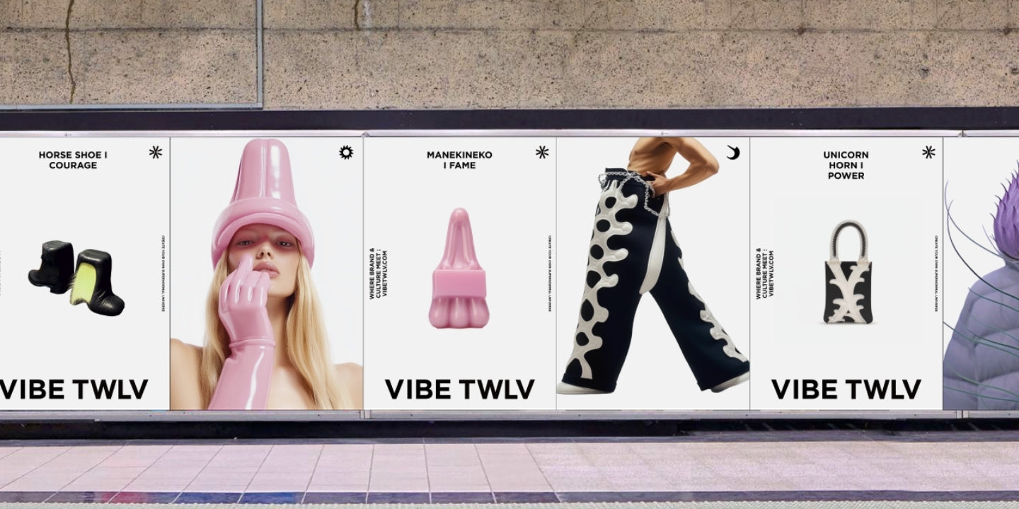 Advertisement for Vibe TWLV with various products displayed on a tiled wall.