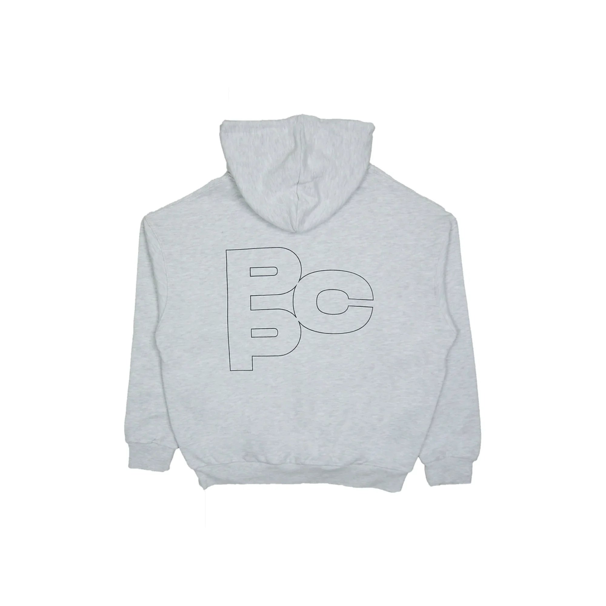 Light grey hoodie with black outlined BCP logo on the back, casual streetwear sweatshirt