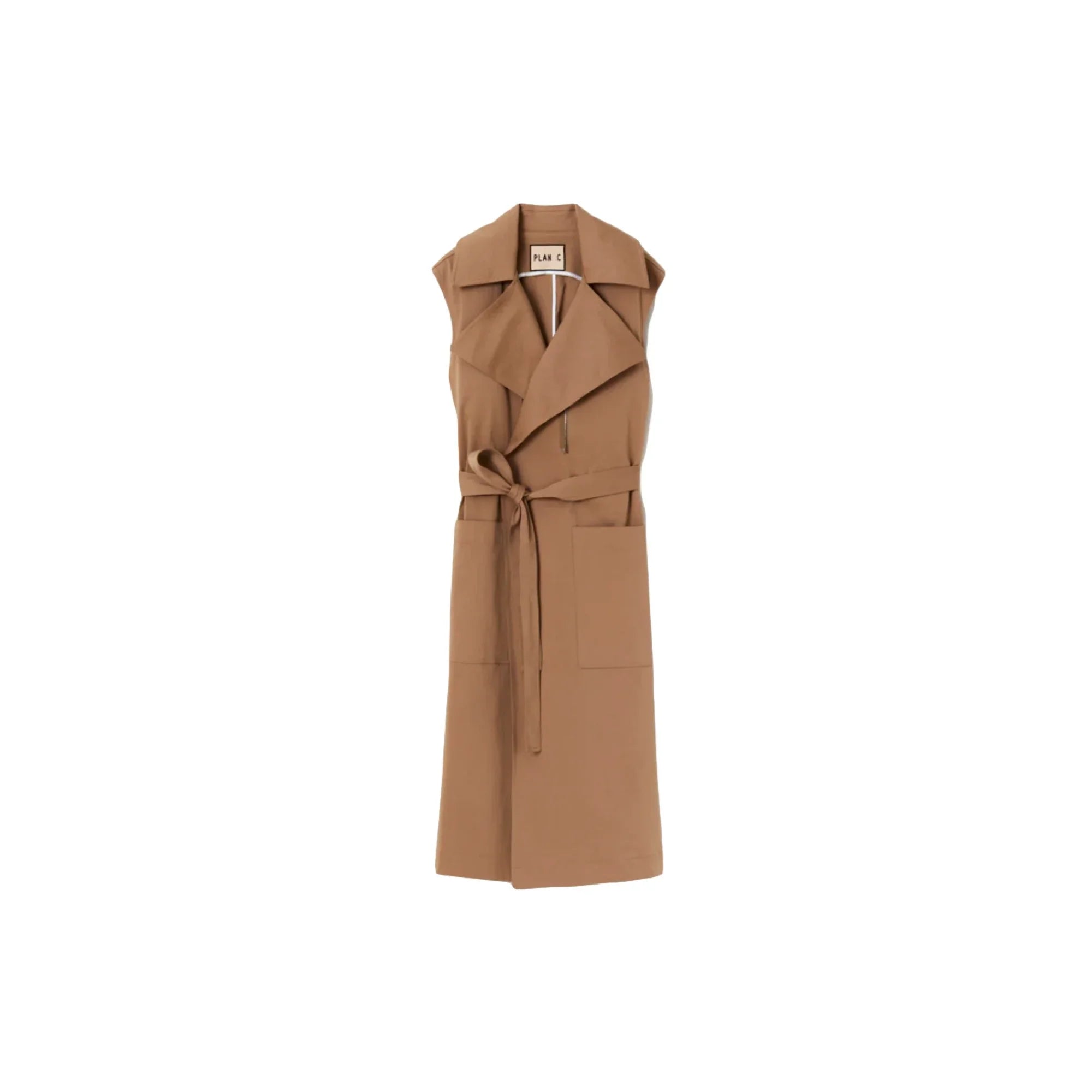Sleeveless brown belted trench vest with lapel collar and front pockets on white background