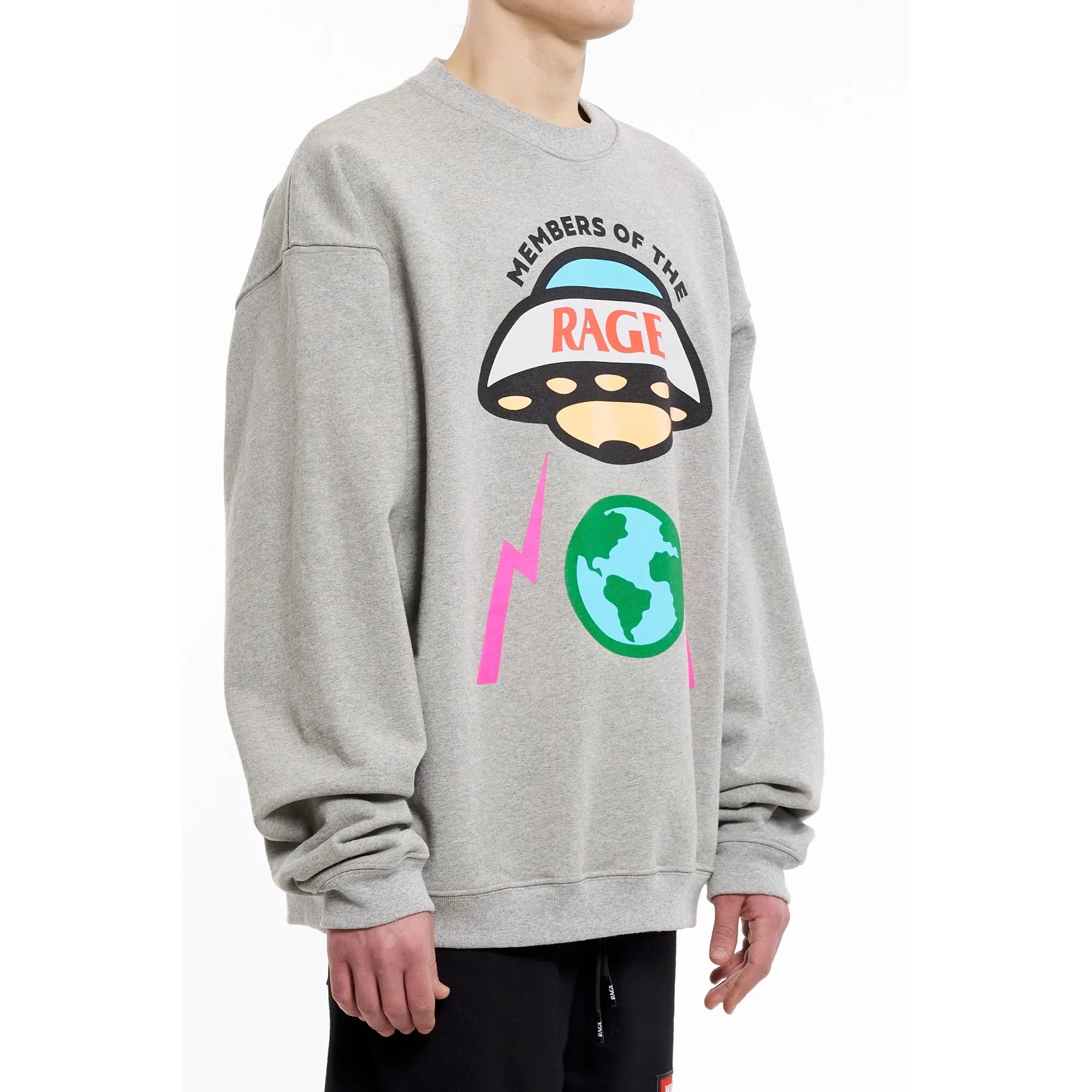 Gray oversized sweatshirt with colorful mushroom and earth graphic, text "Members of the Rage"