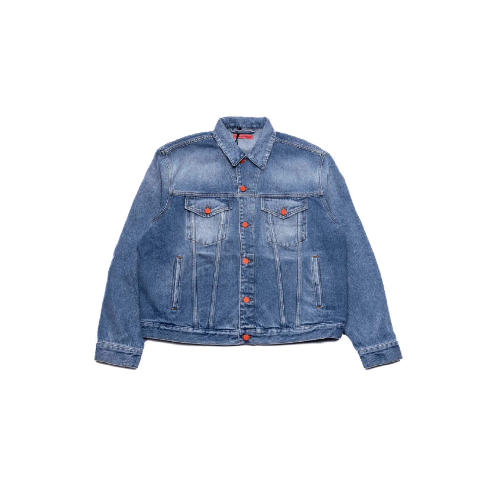 Blue denim jacket with orange buttons and two chest pockets on white background