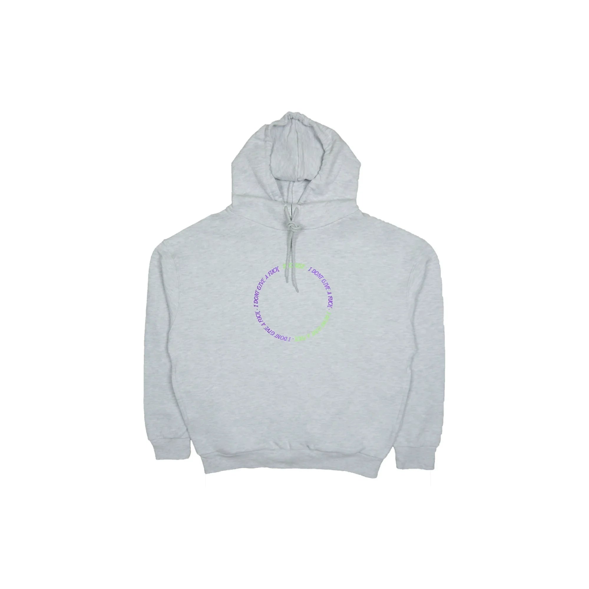 Light gray hoodie with front circular text design in purple and green saying 'I don't give a fuck'