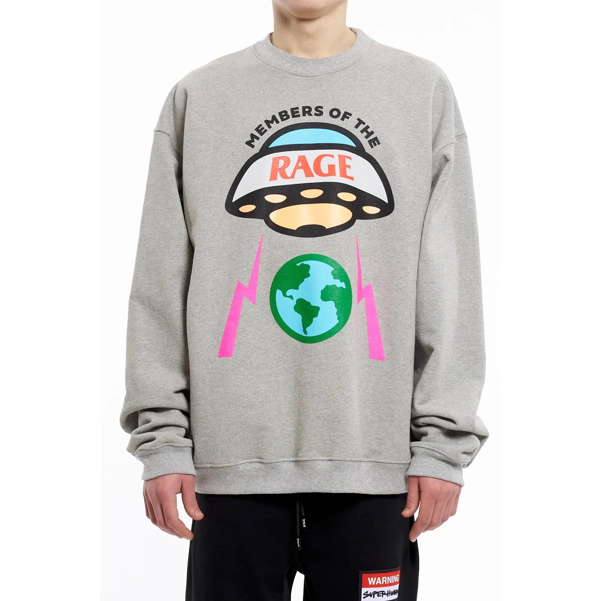 Gray sweatshirt with colorful UFO and Earth graphic, text Members of the Rage, worn by person