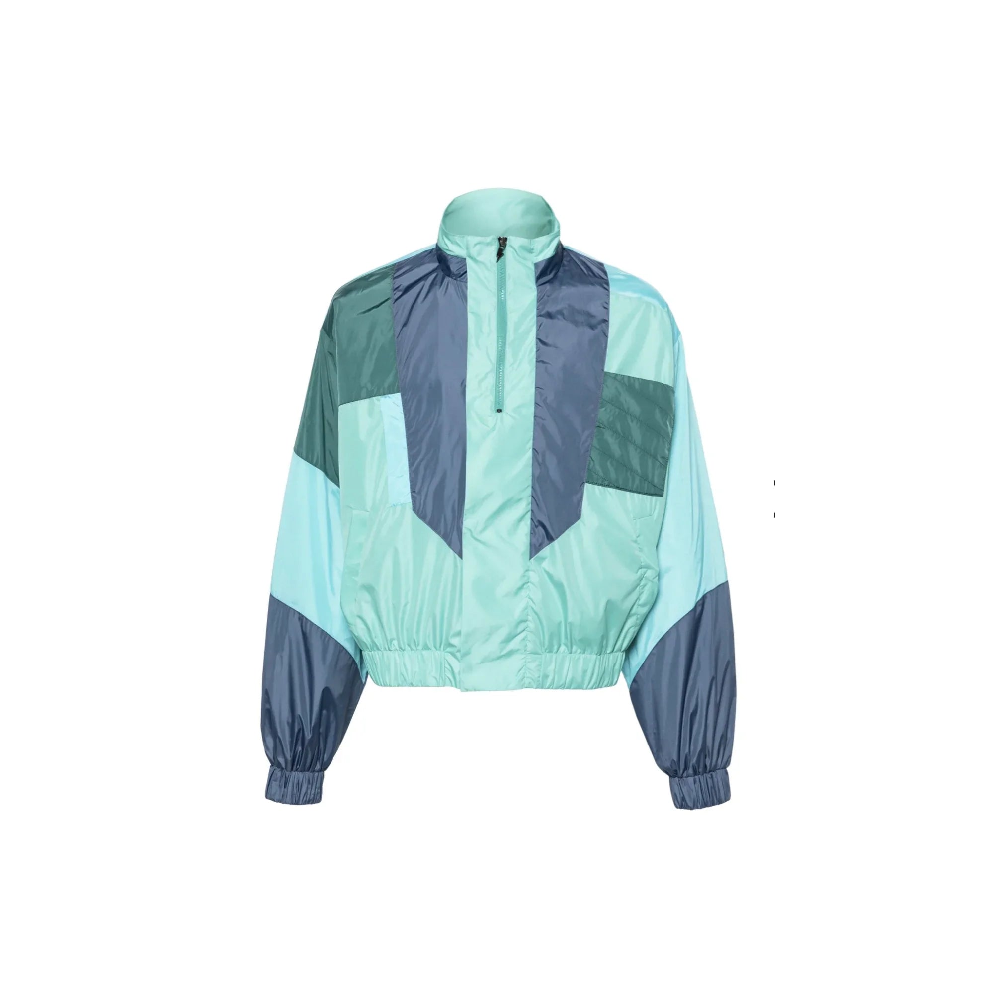 Retro color-block windbreaker jacket in shades of teal and navy with half-zip and elastic cuffs