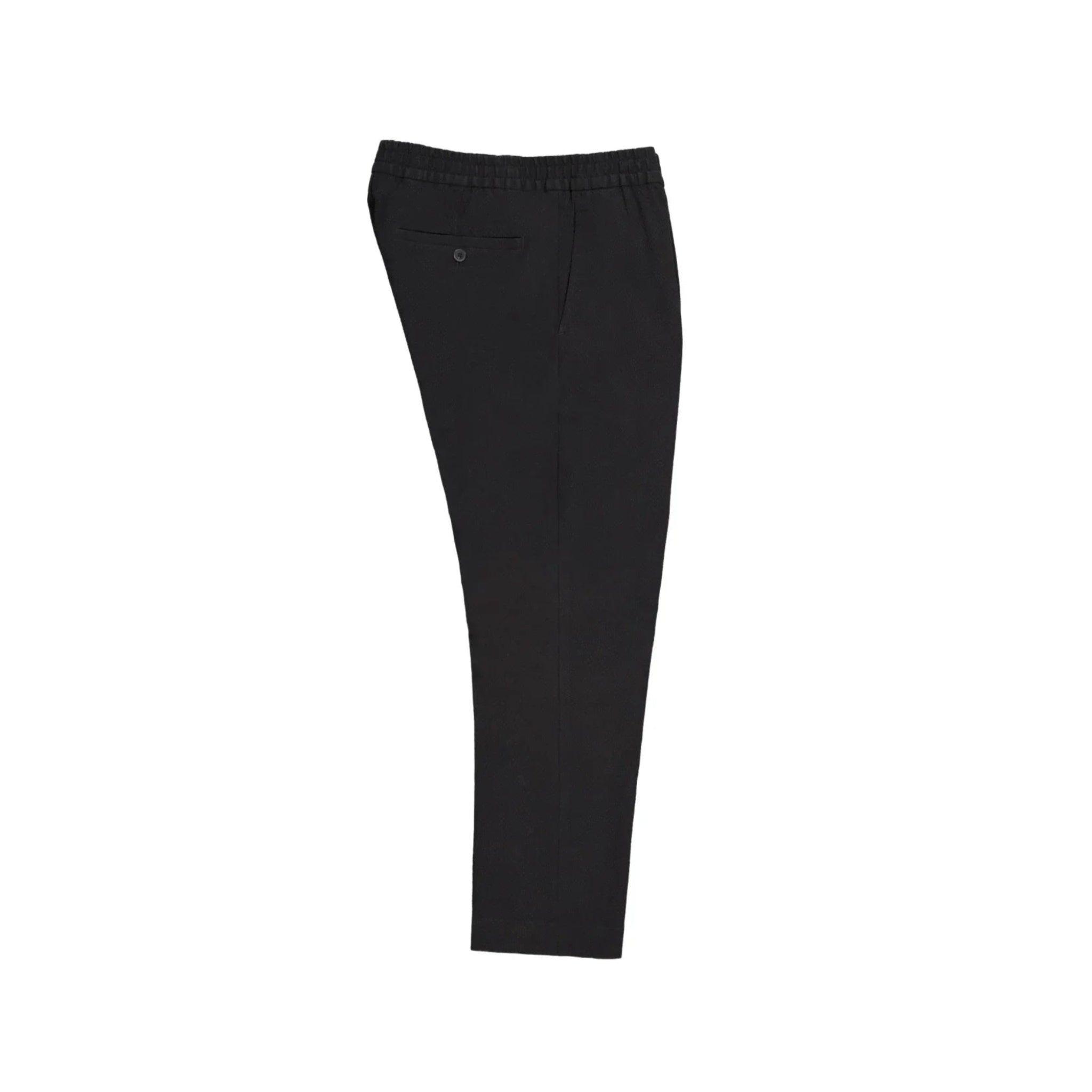 Black tapered pants with elastic waistband and buttoned back pocket