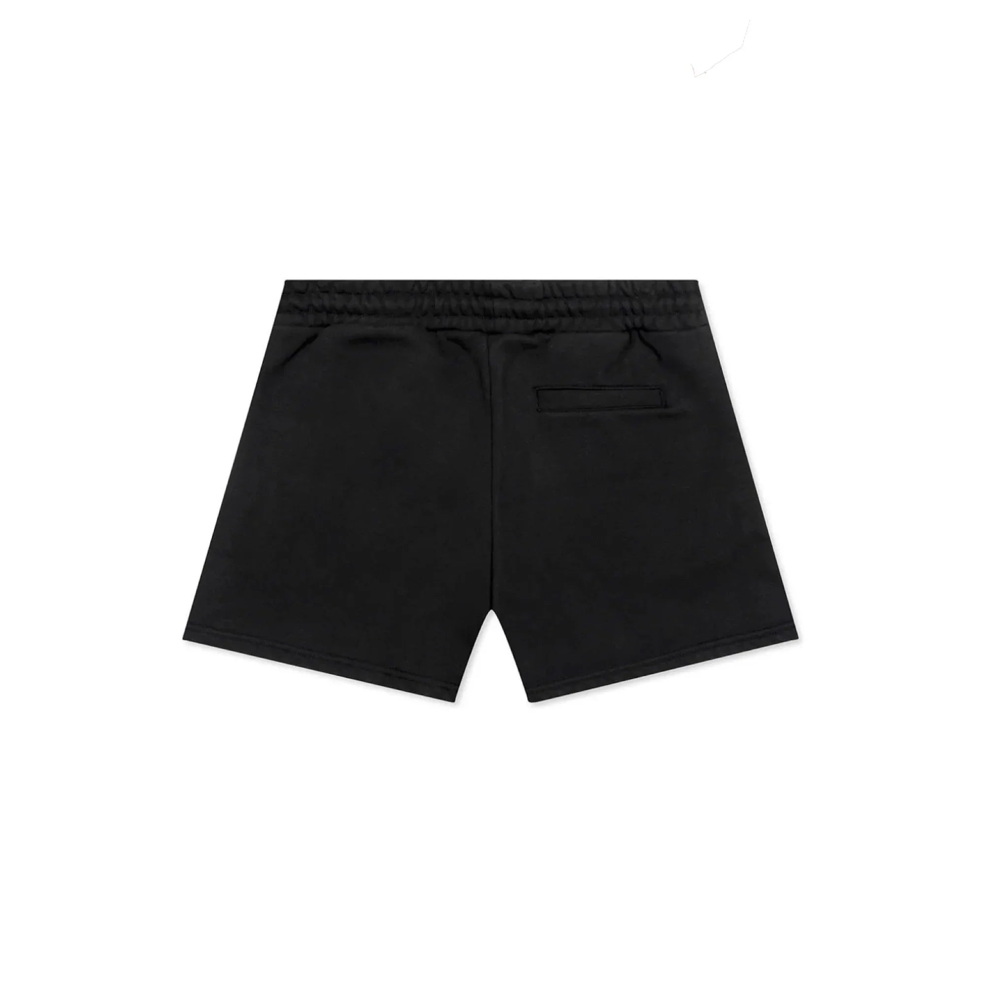 Back view of black casual shorts with elastic waistband and a single back pocket