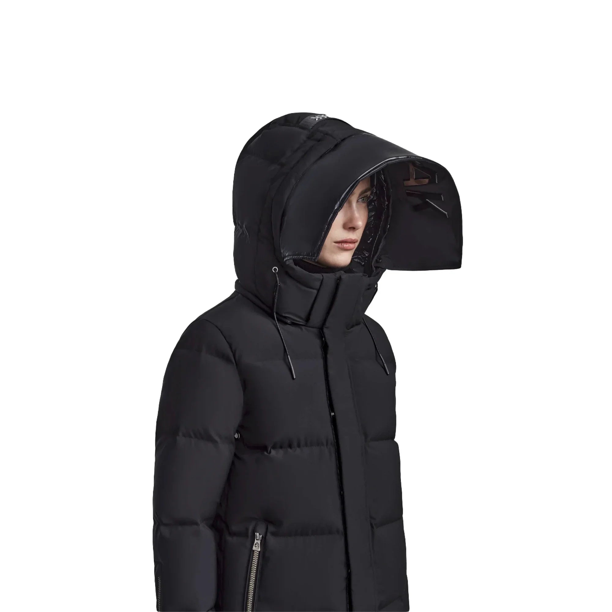 Women wearing black puffer winter coat with oversized hood and partial face visible