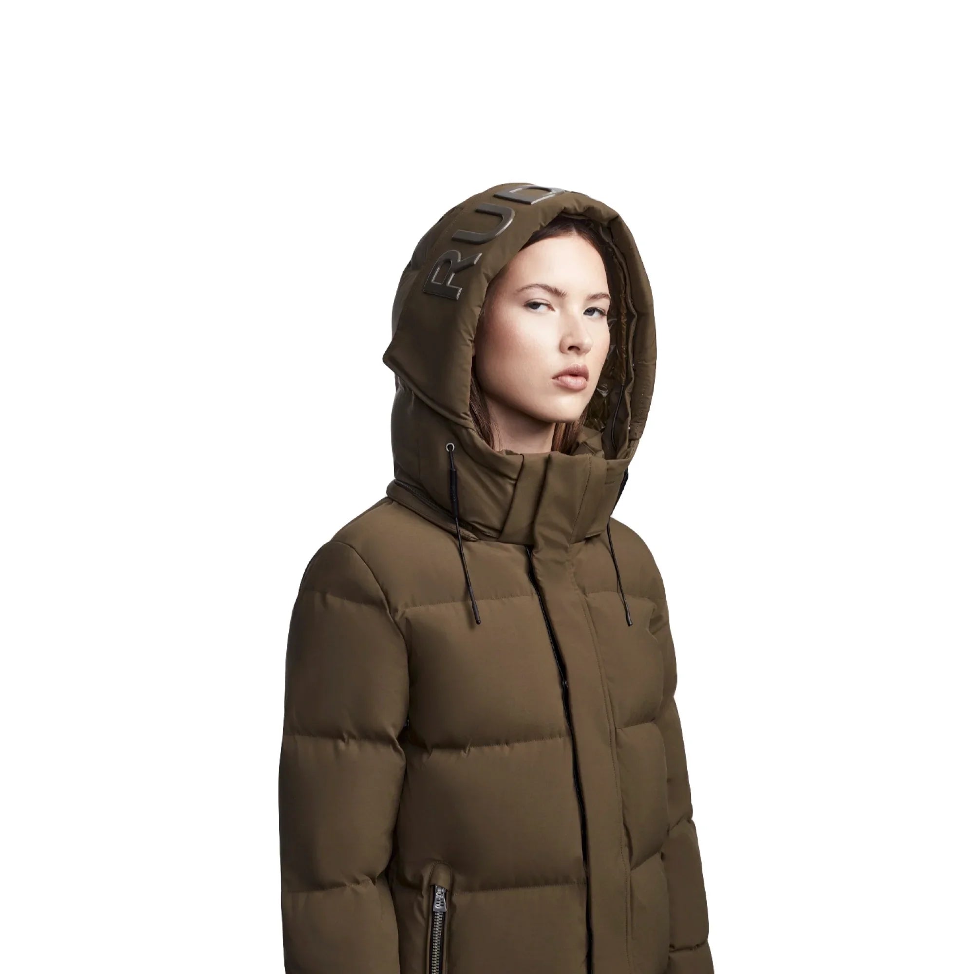 Woman wearing olive green puffer jacket with hood and RU inscription, winter outerwear