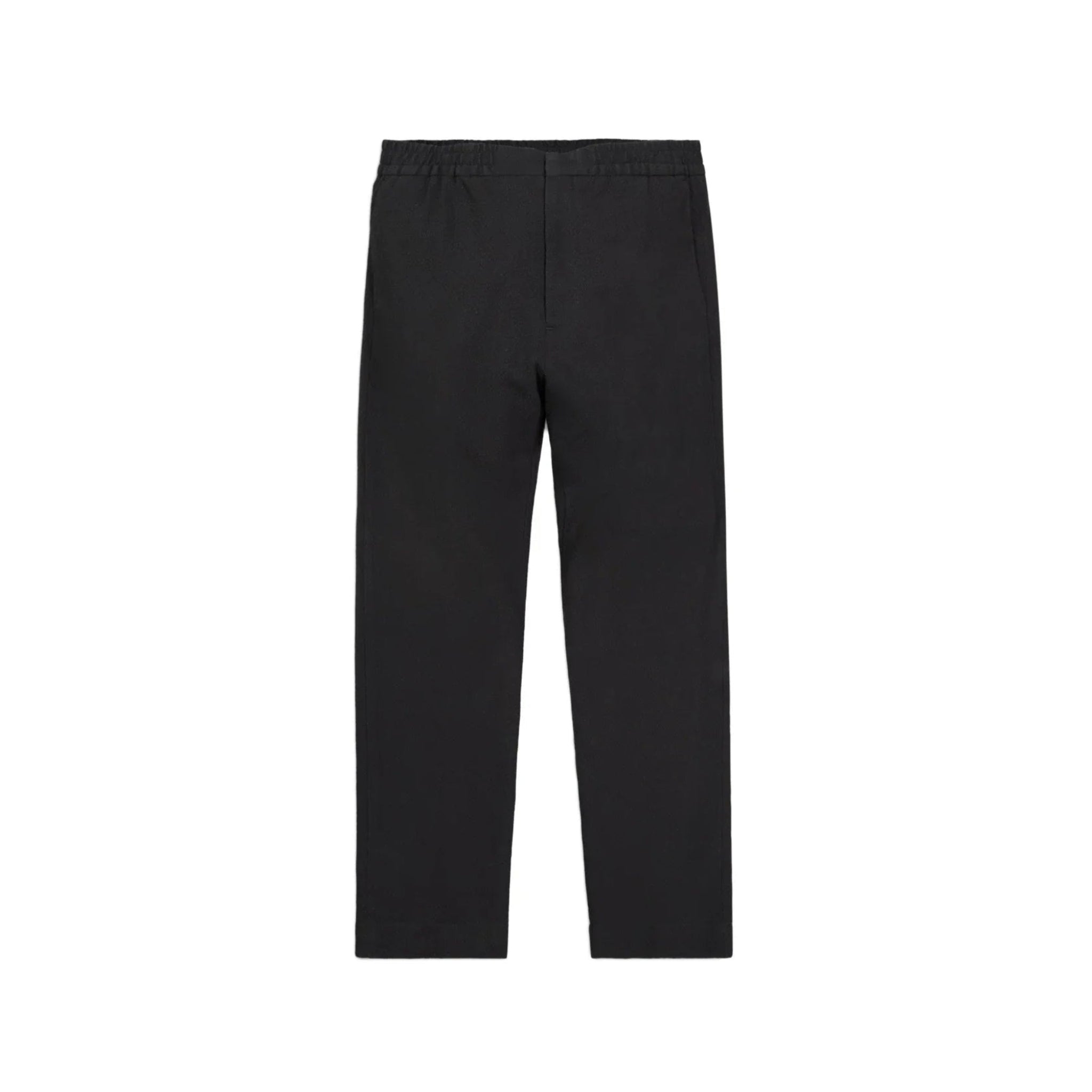Black elastic waist straight-leg pants on white background