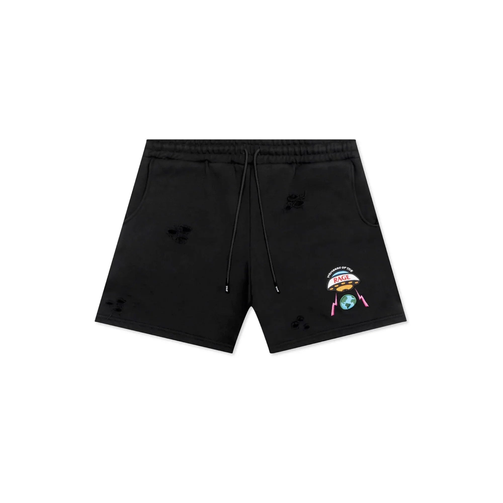 Black distressed shorts with drawstring and colorful space-themed patch on front right