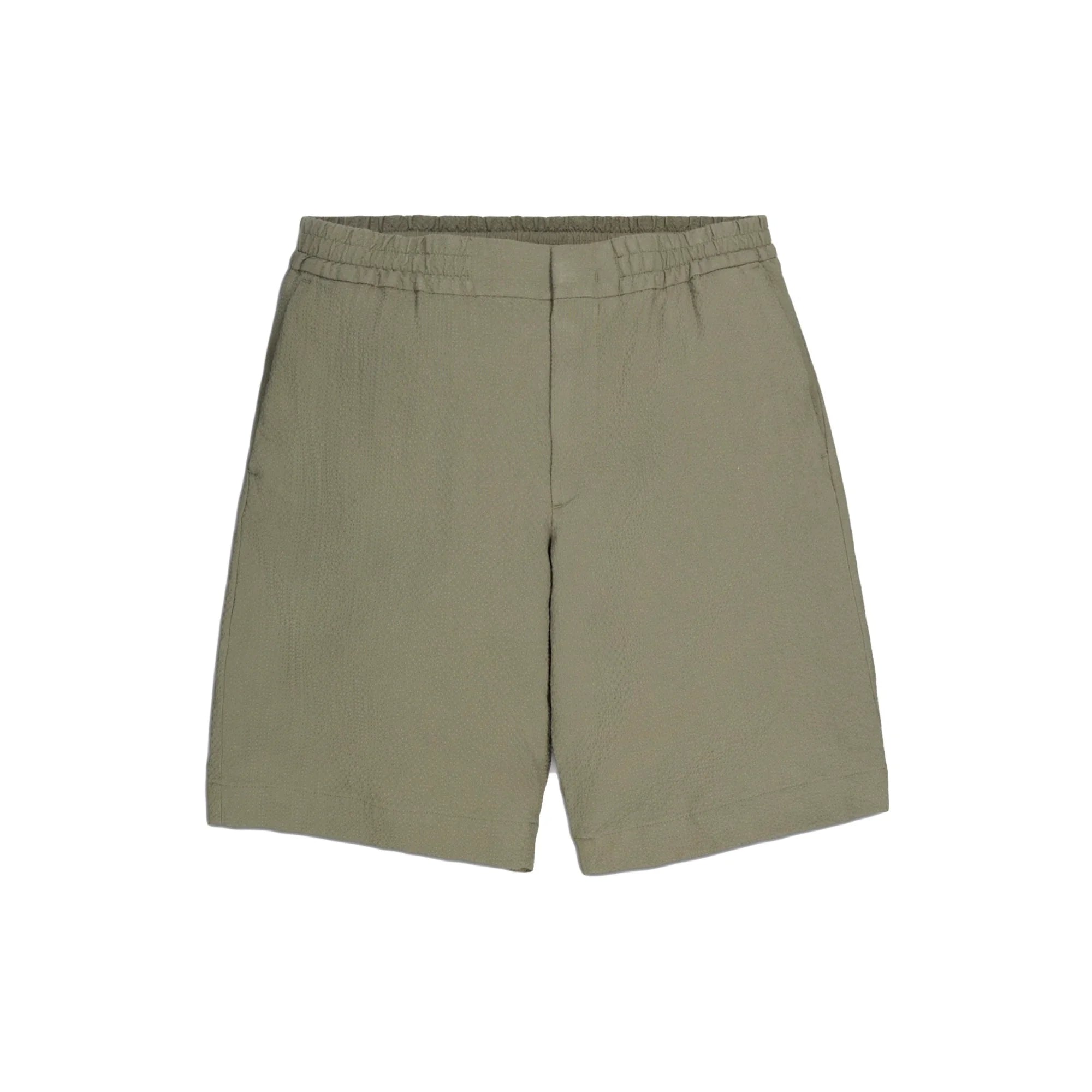Olive green casual shorts with elastic waistband and front pockets on white background