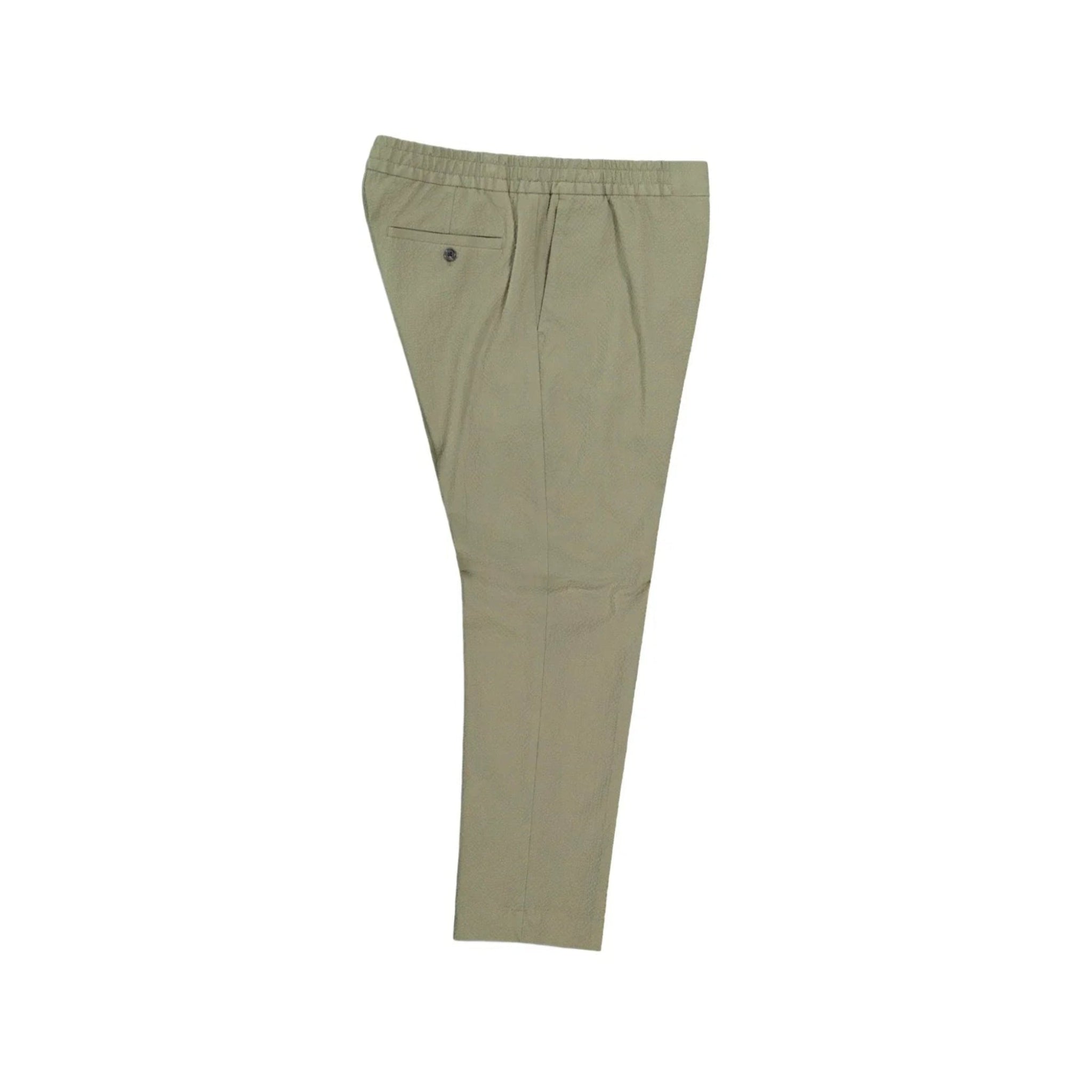 light khaki men's casual tapered pants with elastic waistband and back button pocket