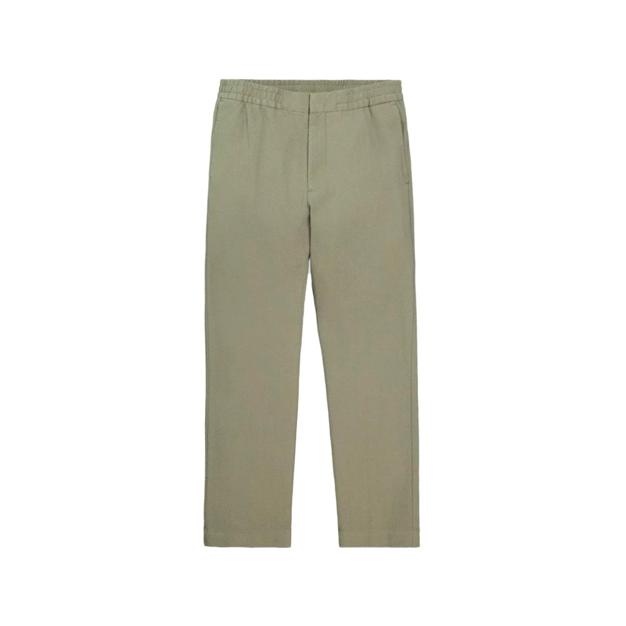 Light olive green casual pants with elastic waistband on white background