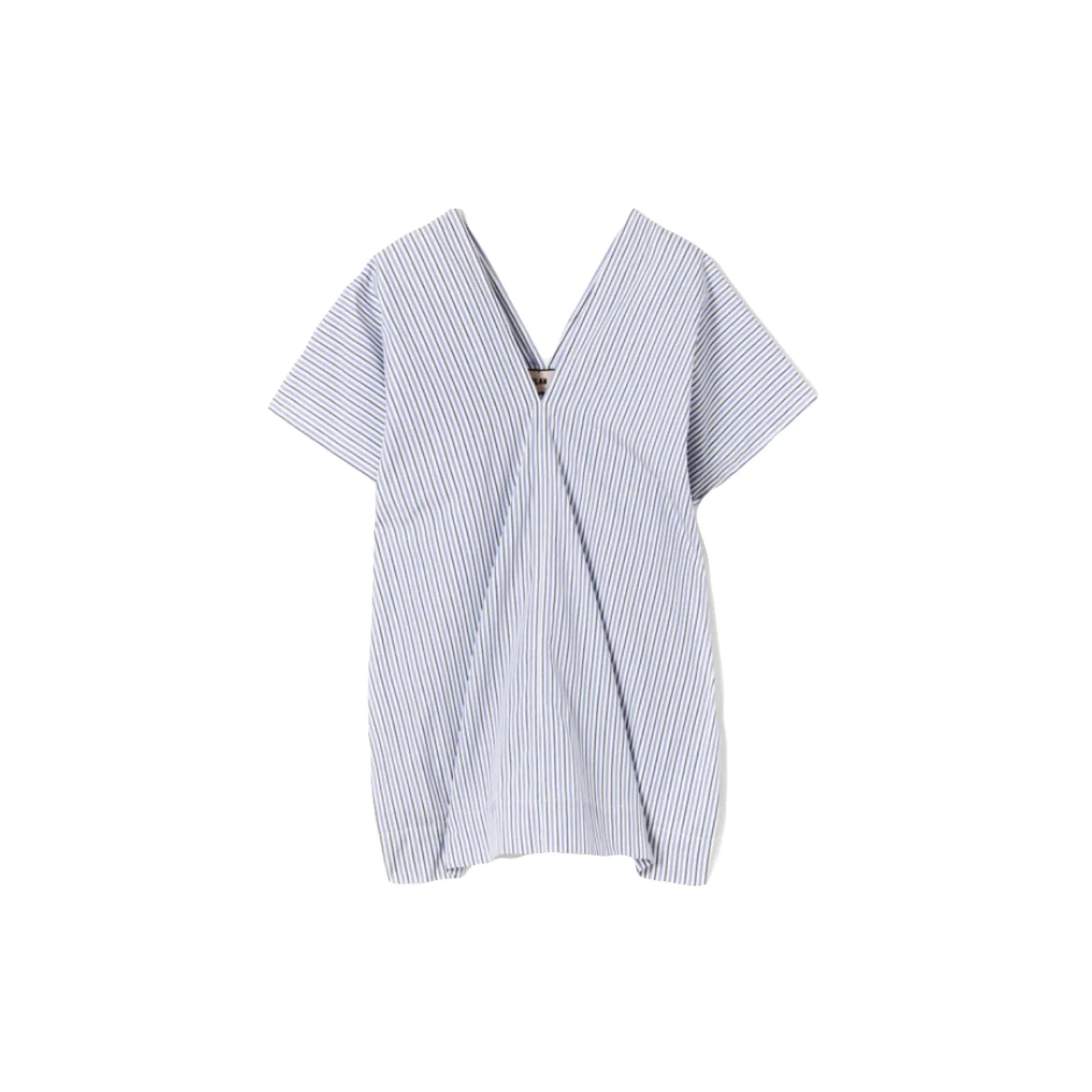 Short-sleeve blue and white striped V-neck blouse with diagonal seam detail