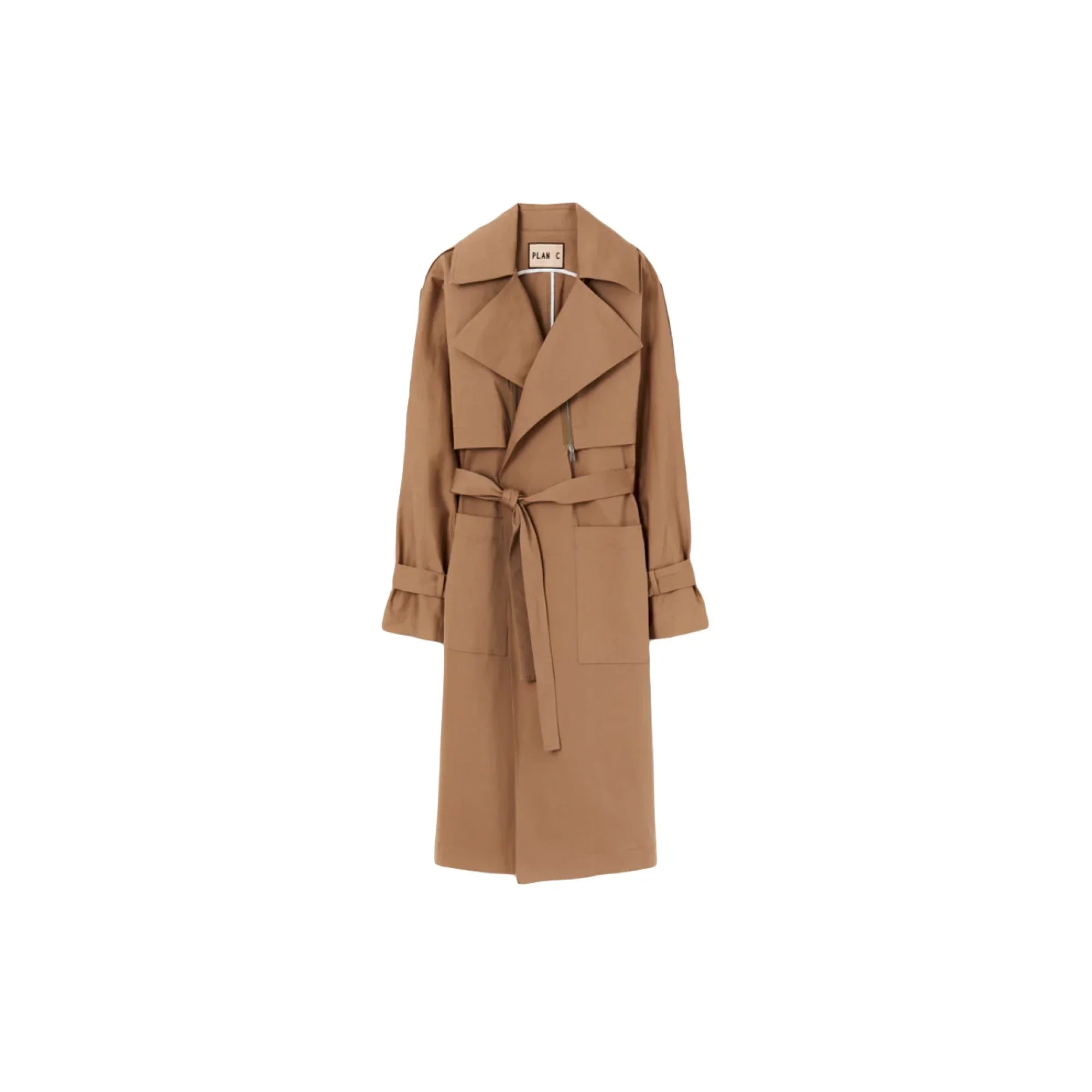 Camel brown trench coat with wide lapels, belt waist, large pockets, and cuff straps